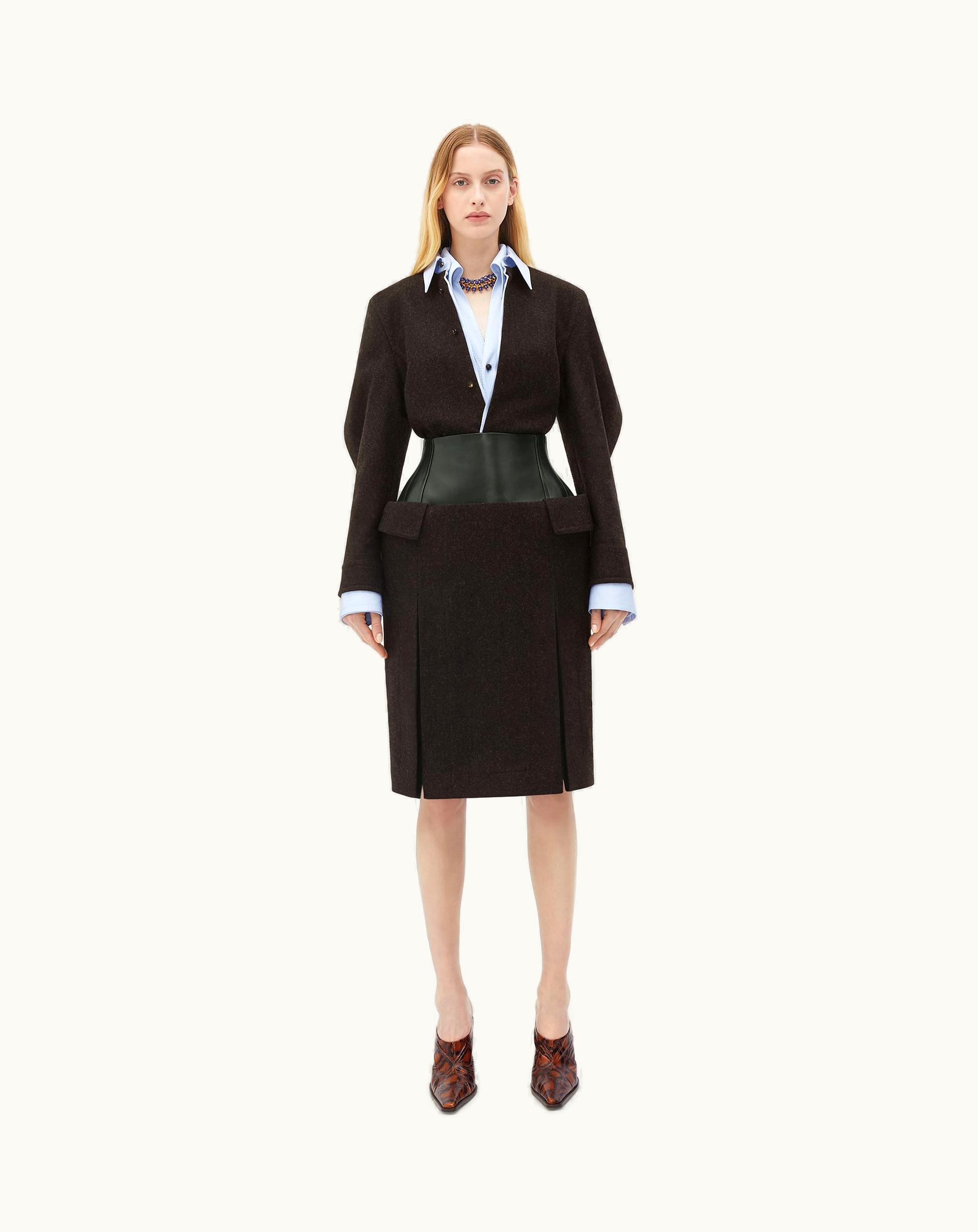 Bottega Veneta Bottega Veneta Women's Leather And Wool Midi Skirt In Charcoal Melange / Dark Grey