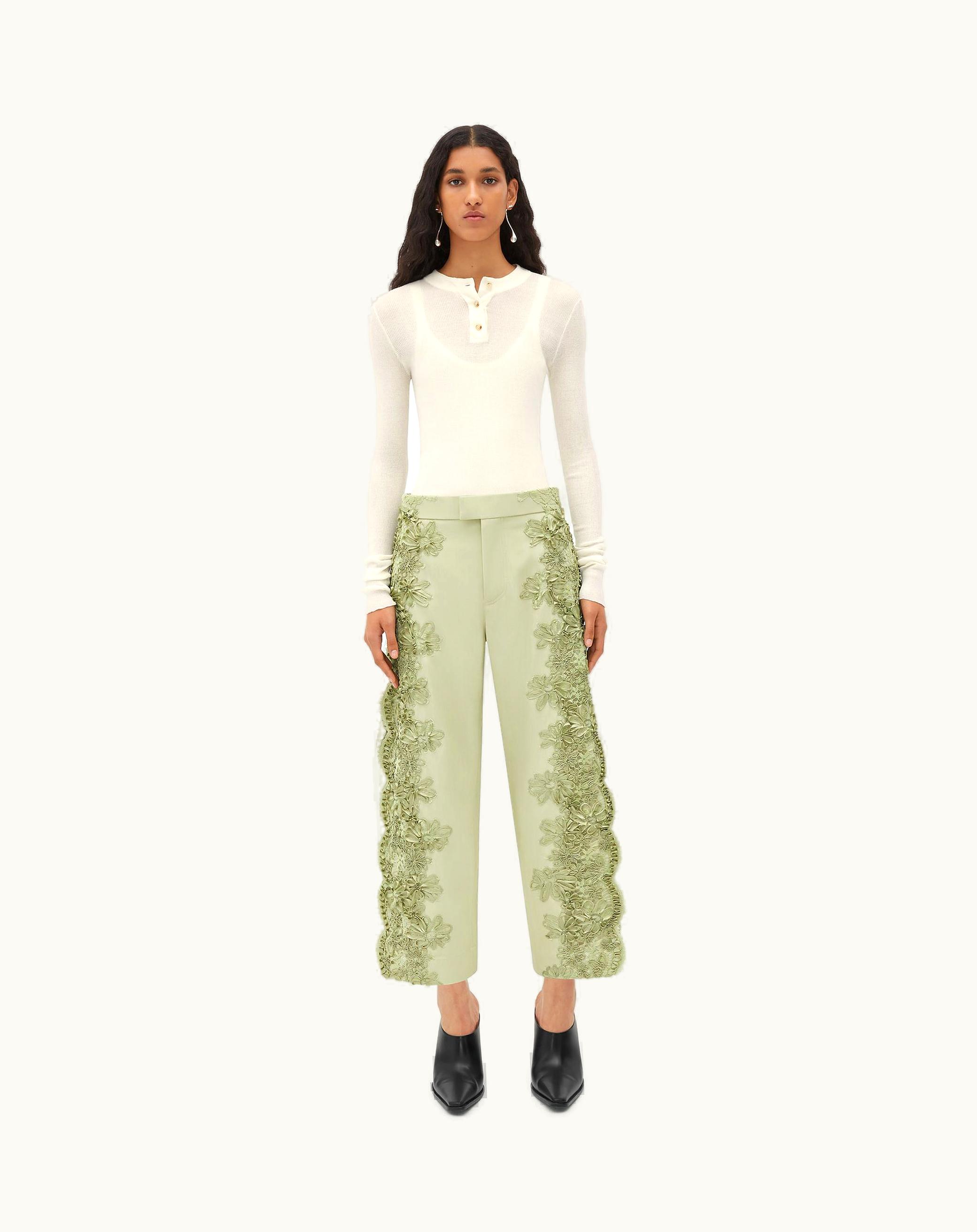Bottega Veneta Bottega Veneta Women's Viscose Cropped Pants With Lace Embroidery In Stone