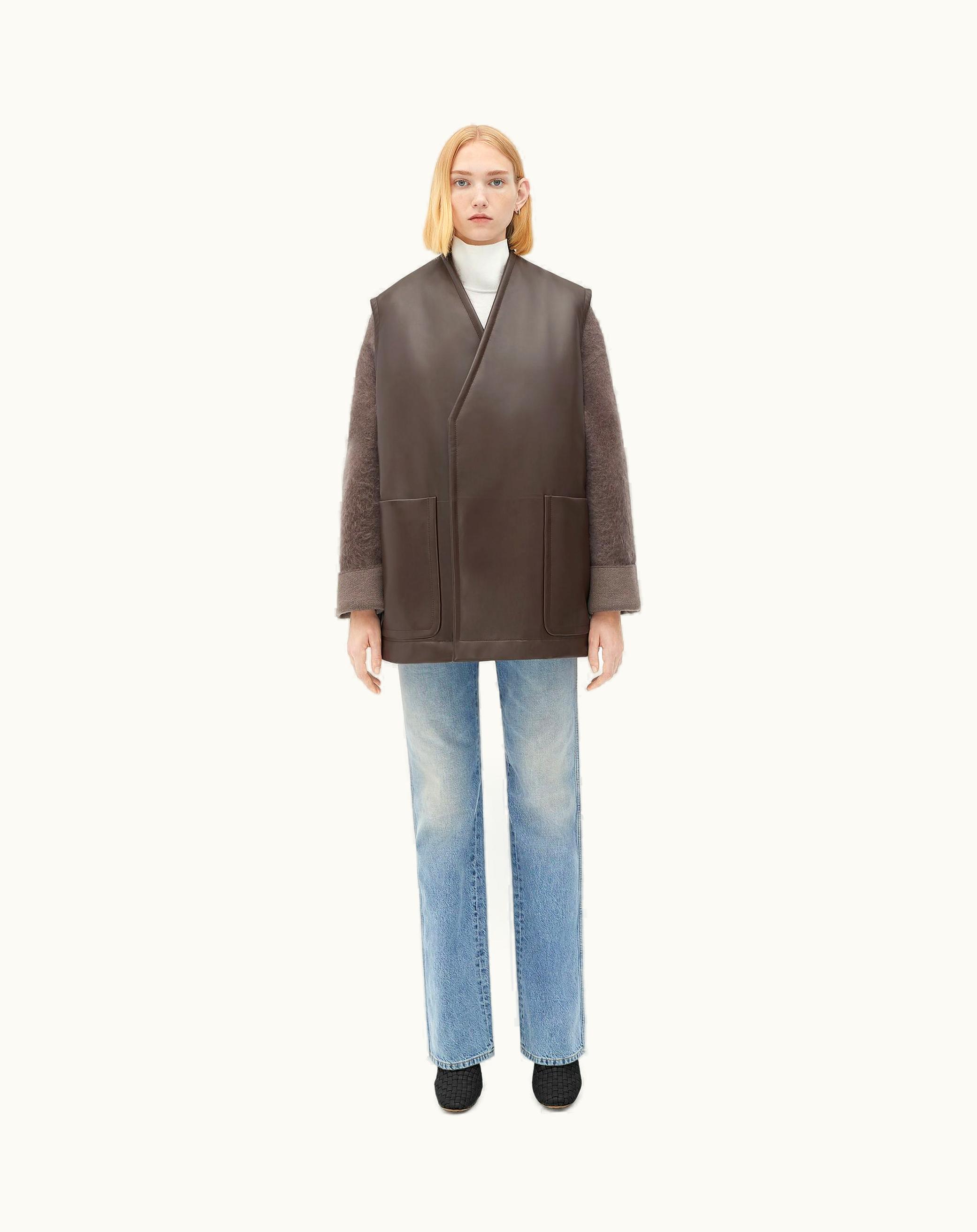 Bottega Veneta Bottega Veneta Women's Sleeveless Leather Padded Coat In Dark Milk Chocolate