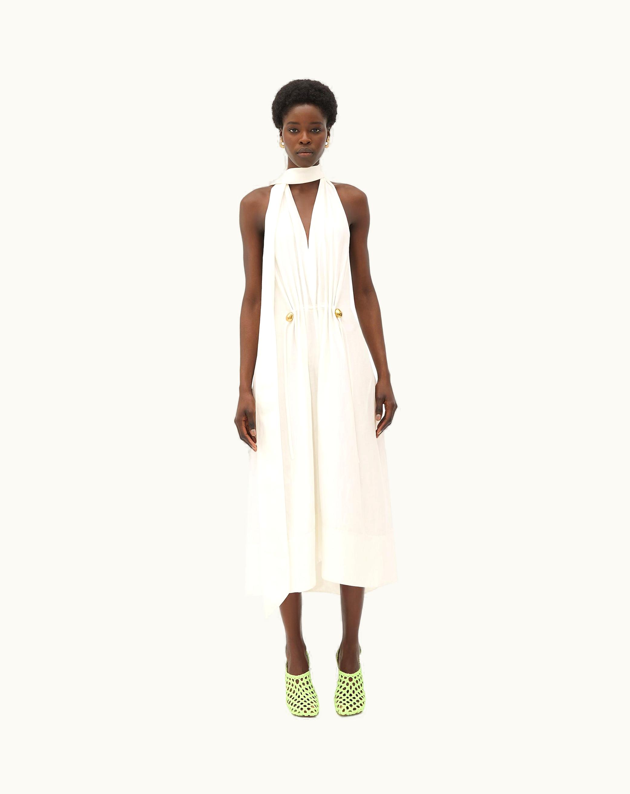 Bottega Veneta Bottega Veneta Women's Viscose And Linen Midi Dress In Chalk Chalk