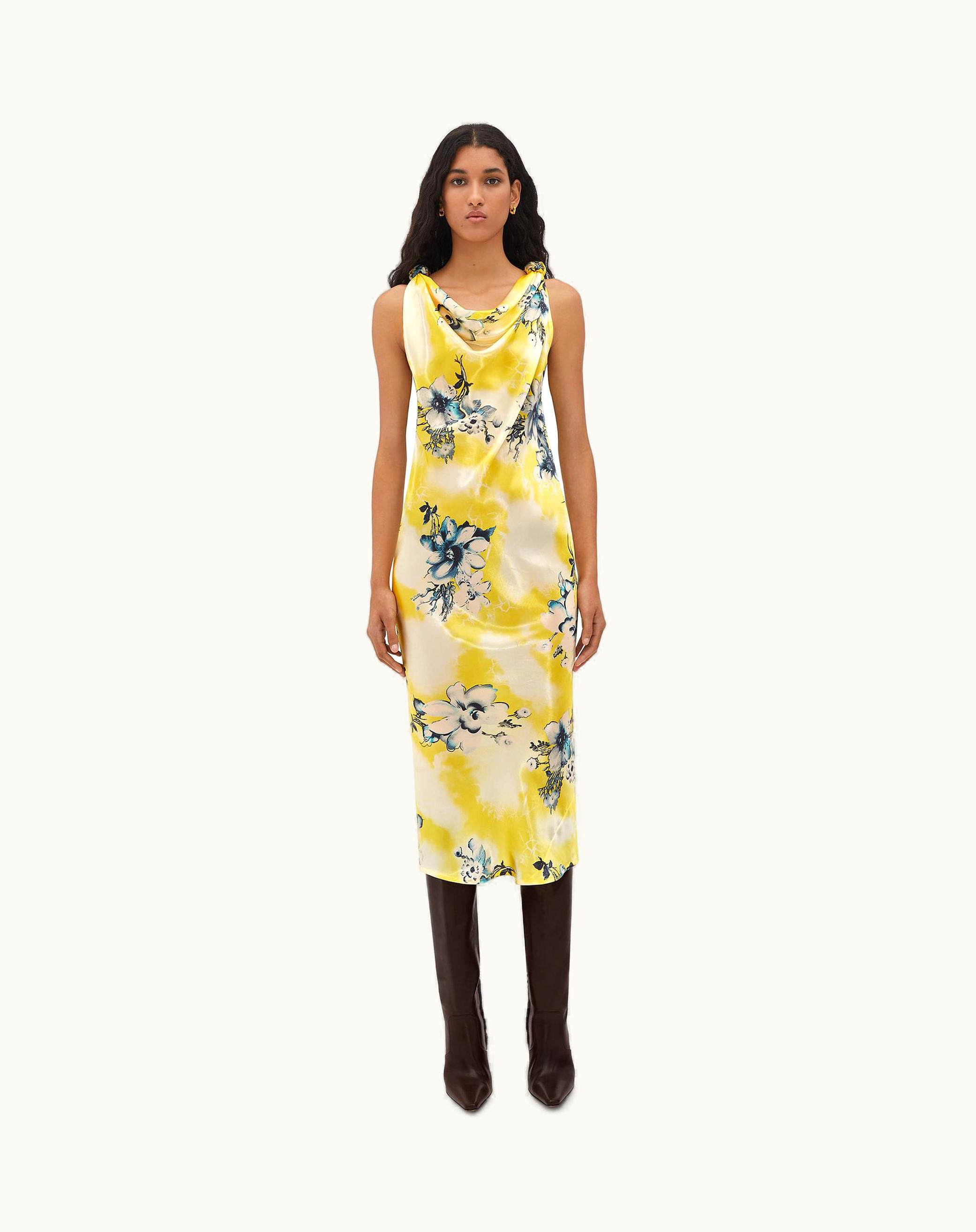 Bottega Veneta Bottega Veneta Women's Floral Cupro Midi Dress In Yellow / Turquoise