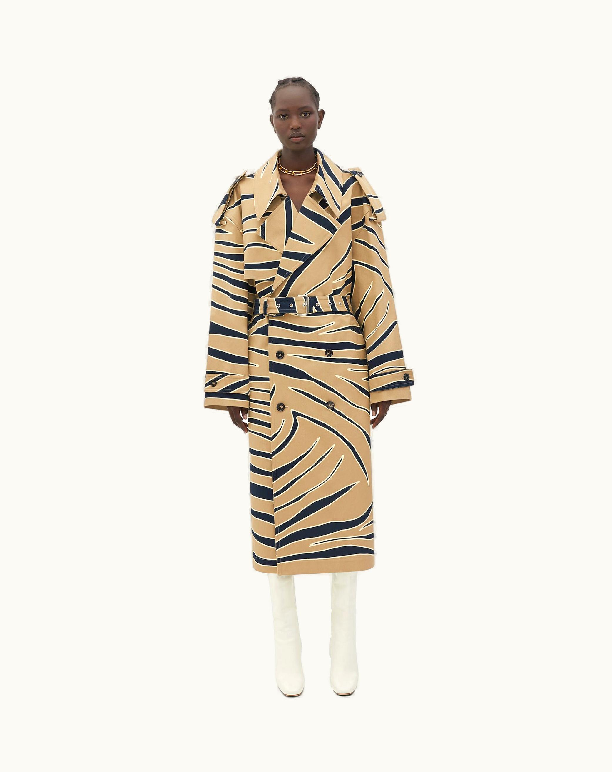 Bottega Veneta Bottega Veneta Women's Animal Print Cotton Trench Coat In Sesame / Navy / Camomile