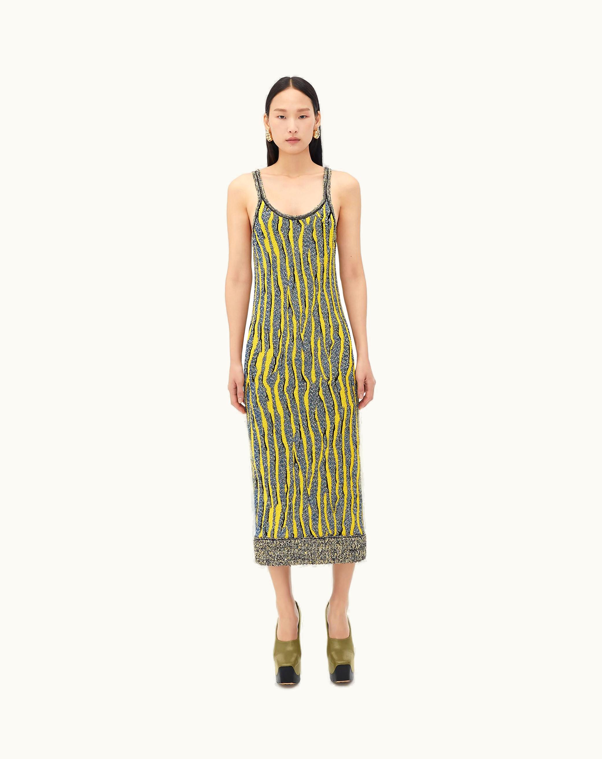 Bottega Veneta Bottega Veneta Women's Slim Fit Viscose Jacquard Midi Dress In Yellow / Blue