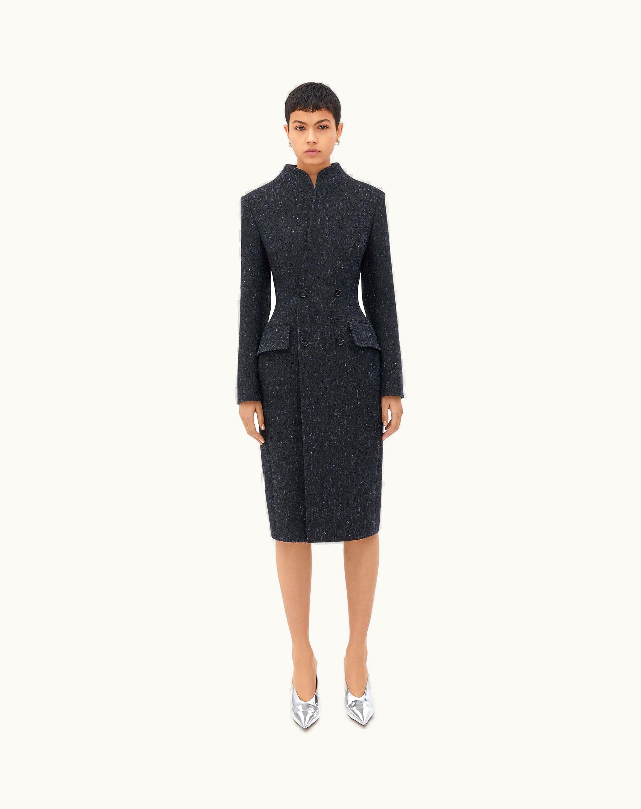 Bottega Veneta Bottega Veneta Women's Sculptural Fit Knotted Wool Funnel Neck Coat In Charcoal / Black / Blue