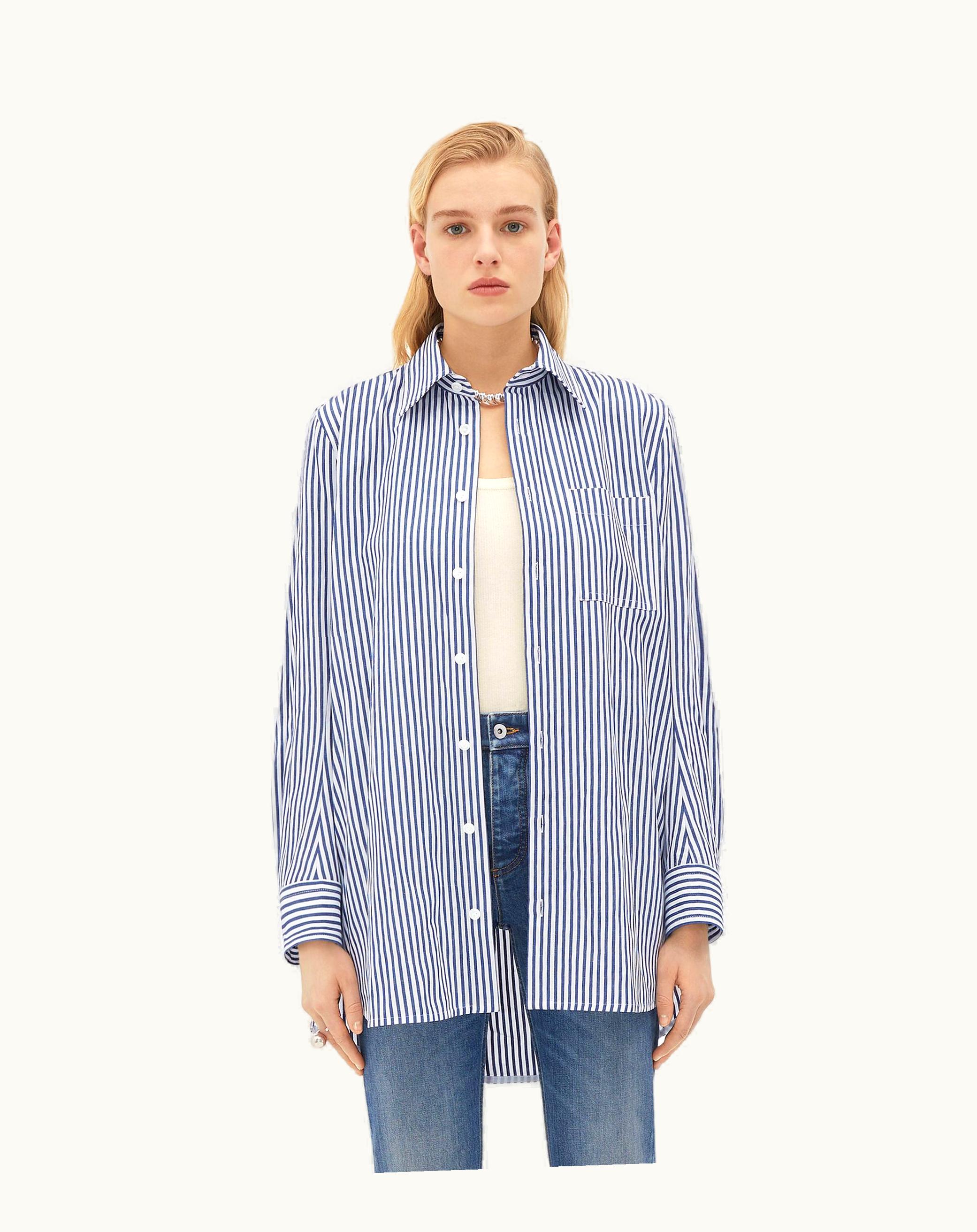 Bottega Veneta Bottega Veneta Women's Curved Shape Oversized Cotton Linen Shirt In Blue / White