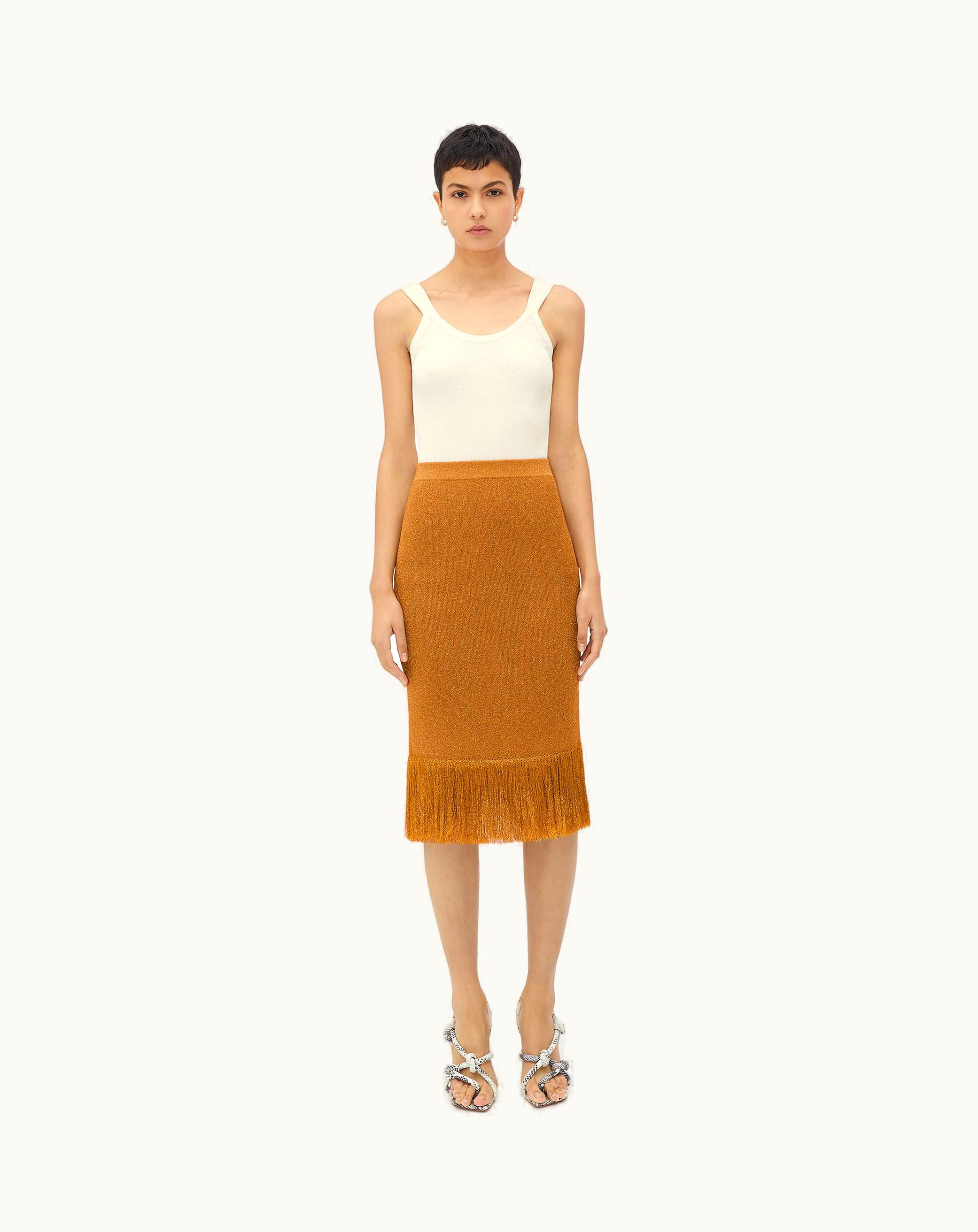 Bottega Veneta Bottega Veneta Women's Fringed Hem Lurex Ribbed Midi Skirt In Gold
