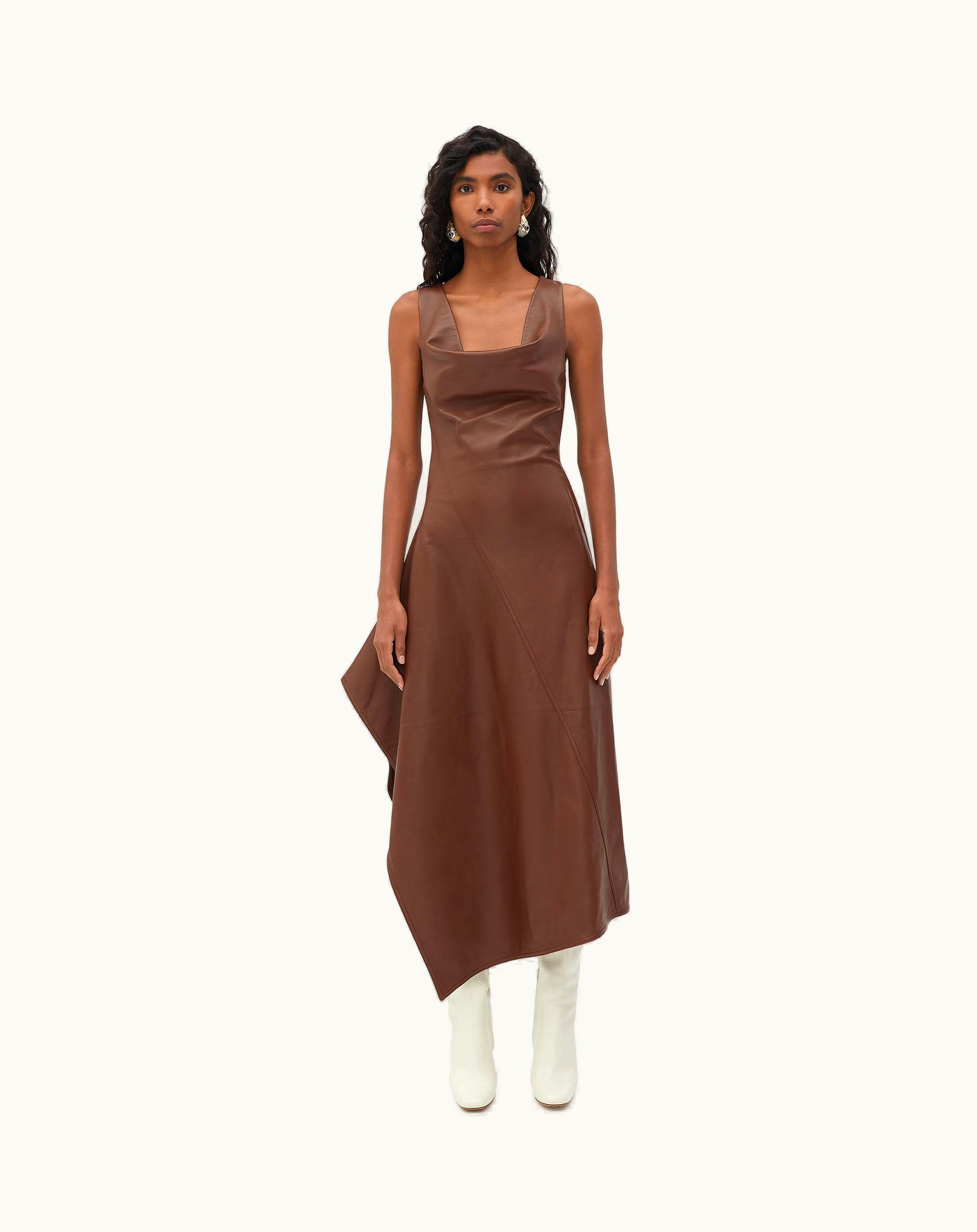 Bottega Veneta Bottega Veneta Women's Leather Asymmetric Midi Dress In Dark Cognac