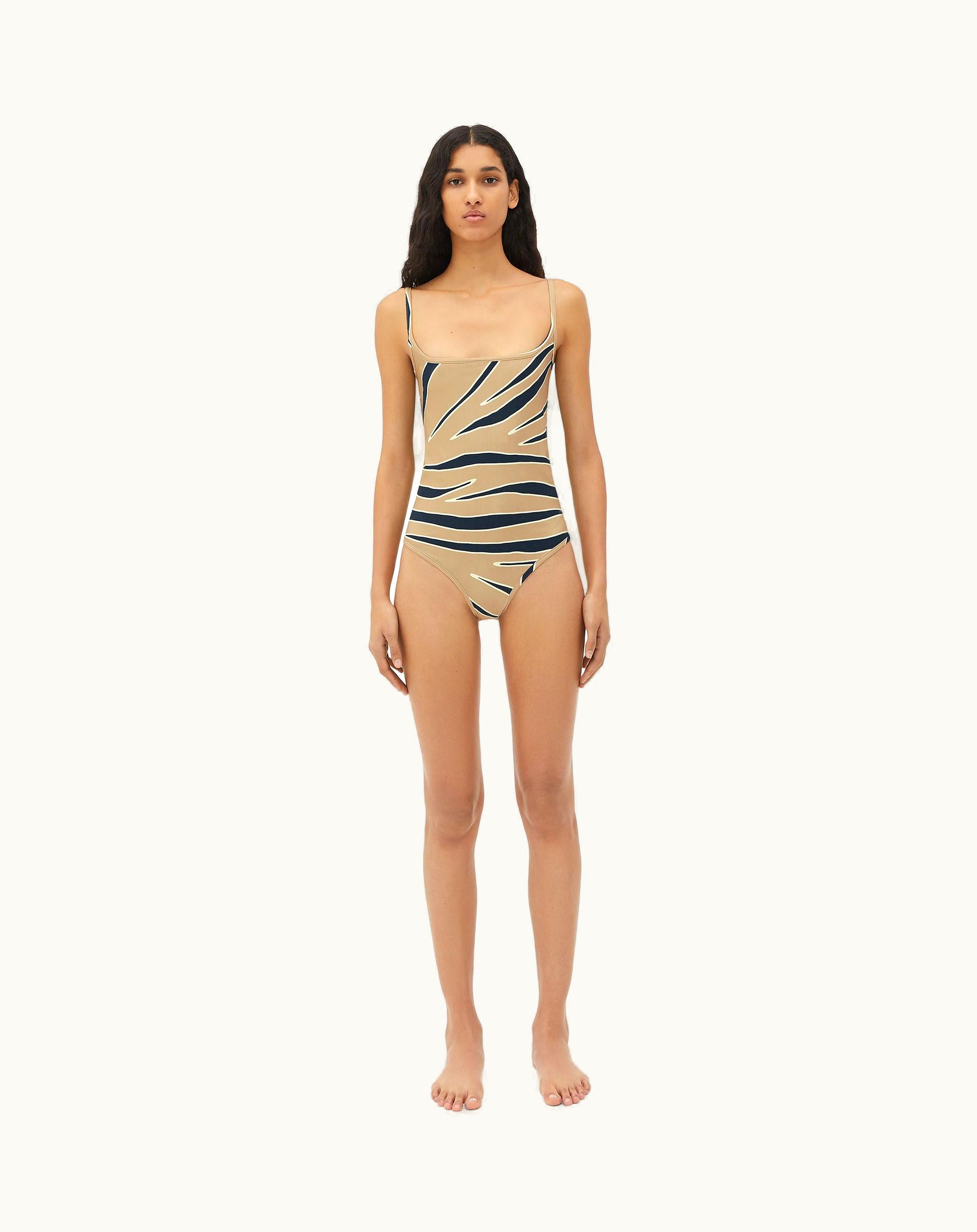 Bottega Veneta Bottega Veneta Women's Animal Print Stretch Nylon Swimsuit In Sesame / Navy / Camomile