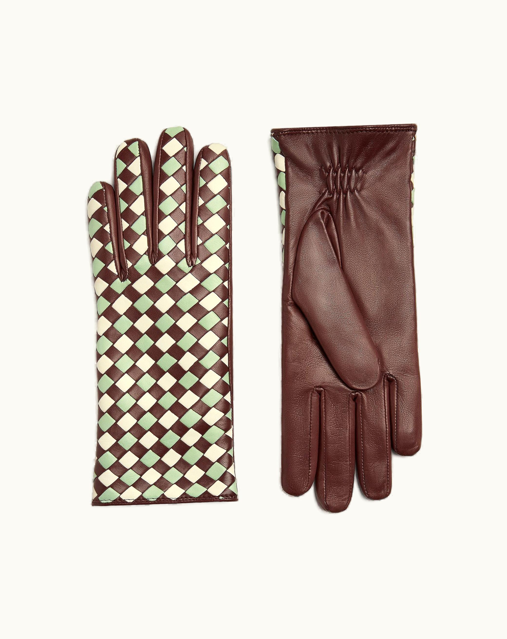 Bottega Veneta Bottega Veneta Women's Leather Bicolor Intrecciato Gloves In Boysenberry / Sweet Mint / White