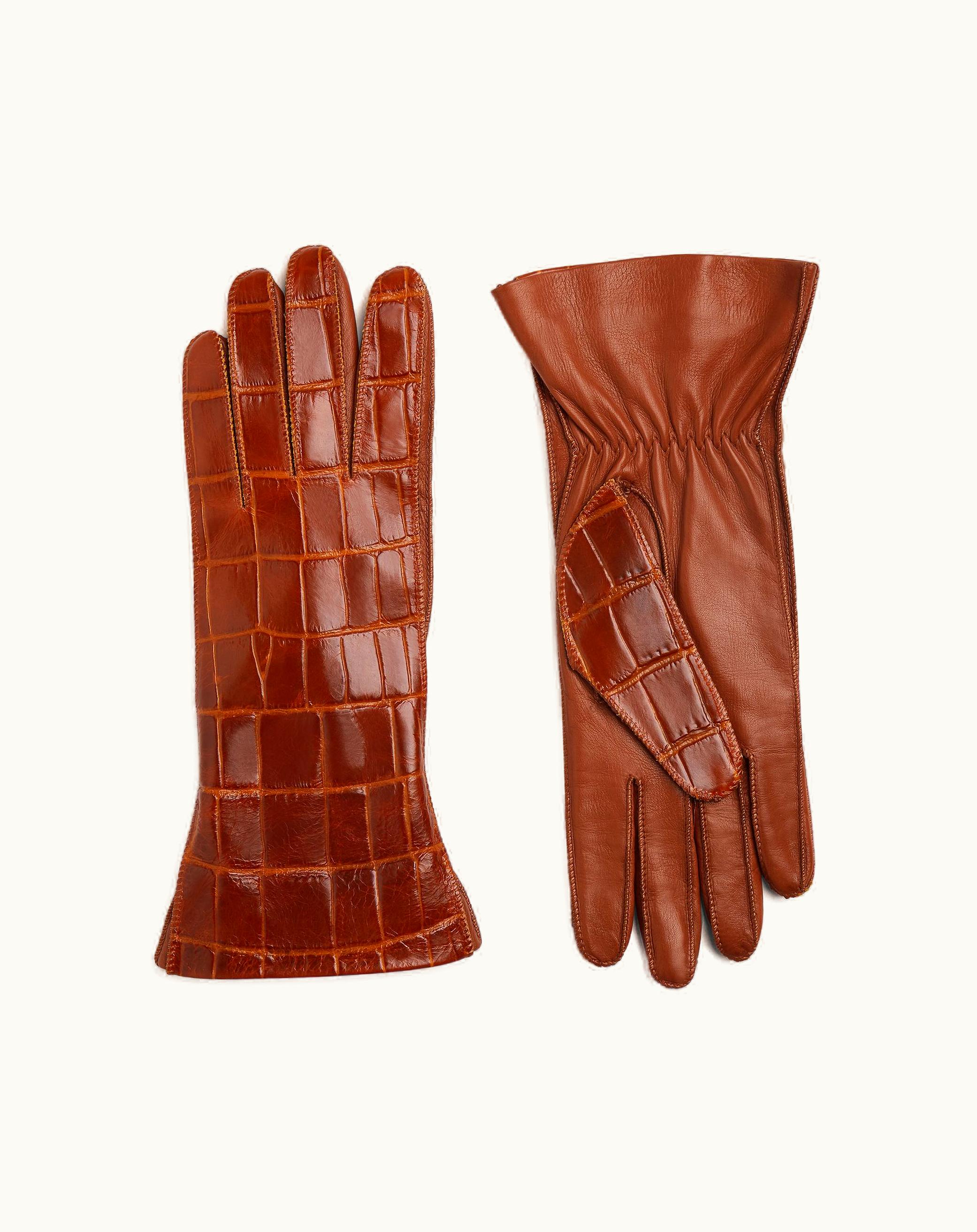 Bottega Veneta Bottega Veneta Women's Crocodile-Effect Leather Gloves In Burnt Orange