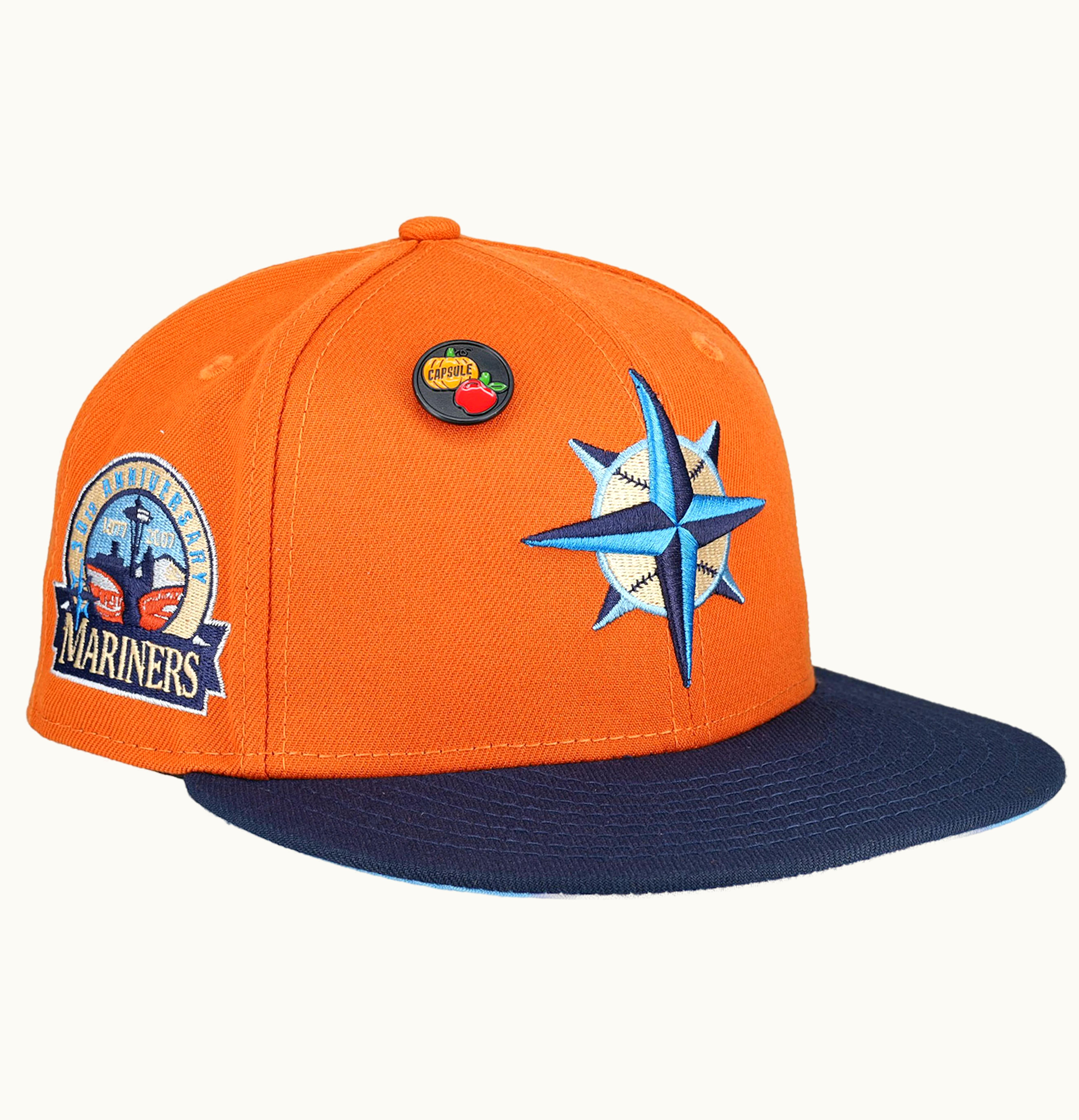 New Era New Era Seattle Mariners 30th Anniversary Patch Capsule Exclusive Fitted Hat 59Fifty Fitted Hat Orange Blue