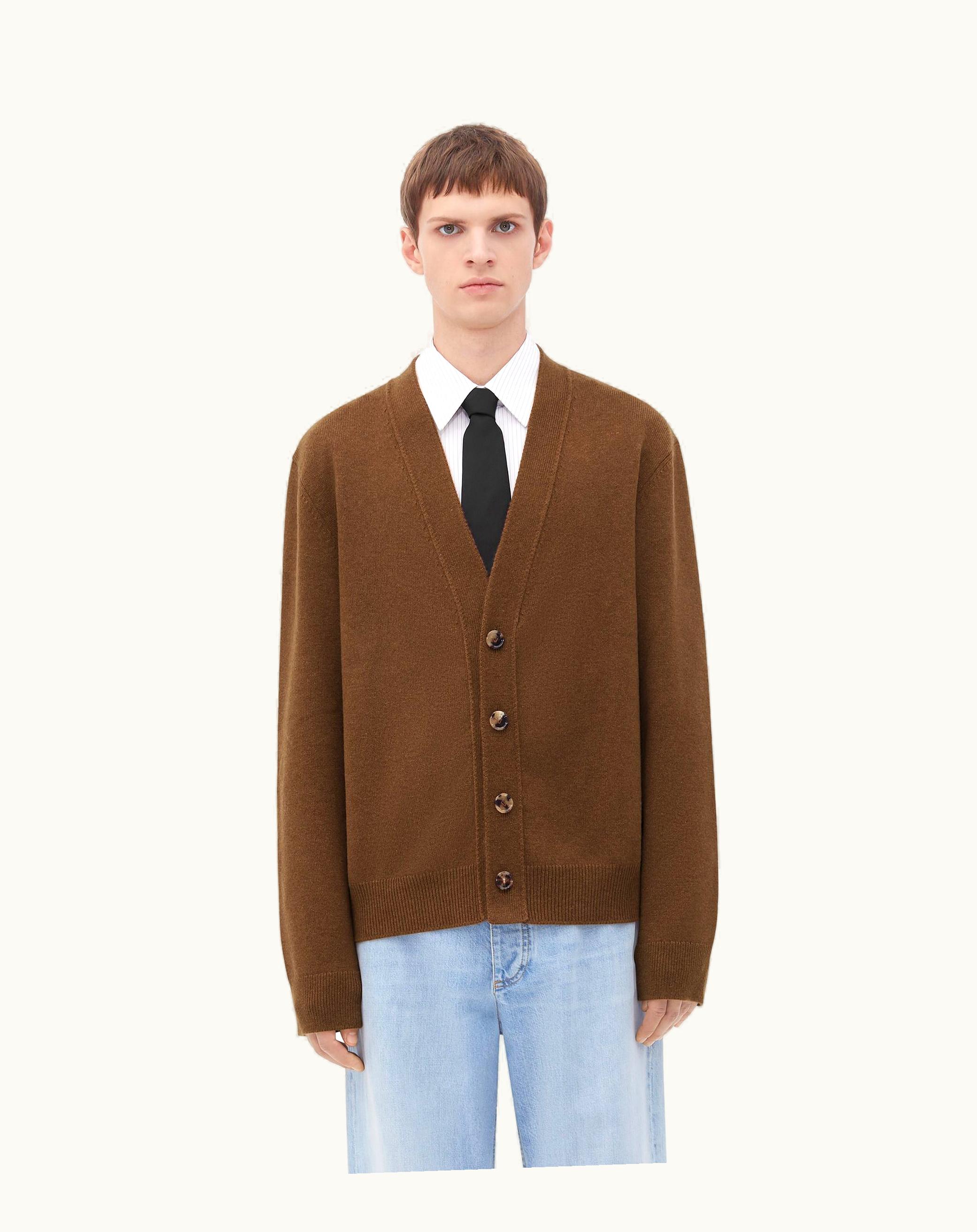 Bottega Veneta Bottega Veneta Men's Cashmere Cardigan With Intrecciato Leather Patches In Cedar