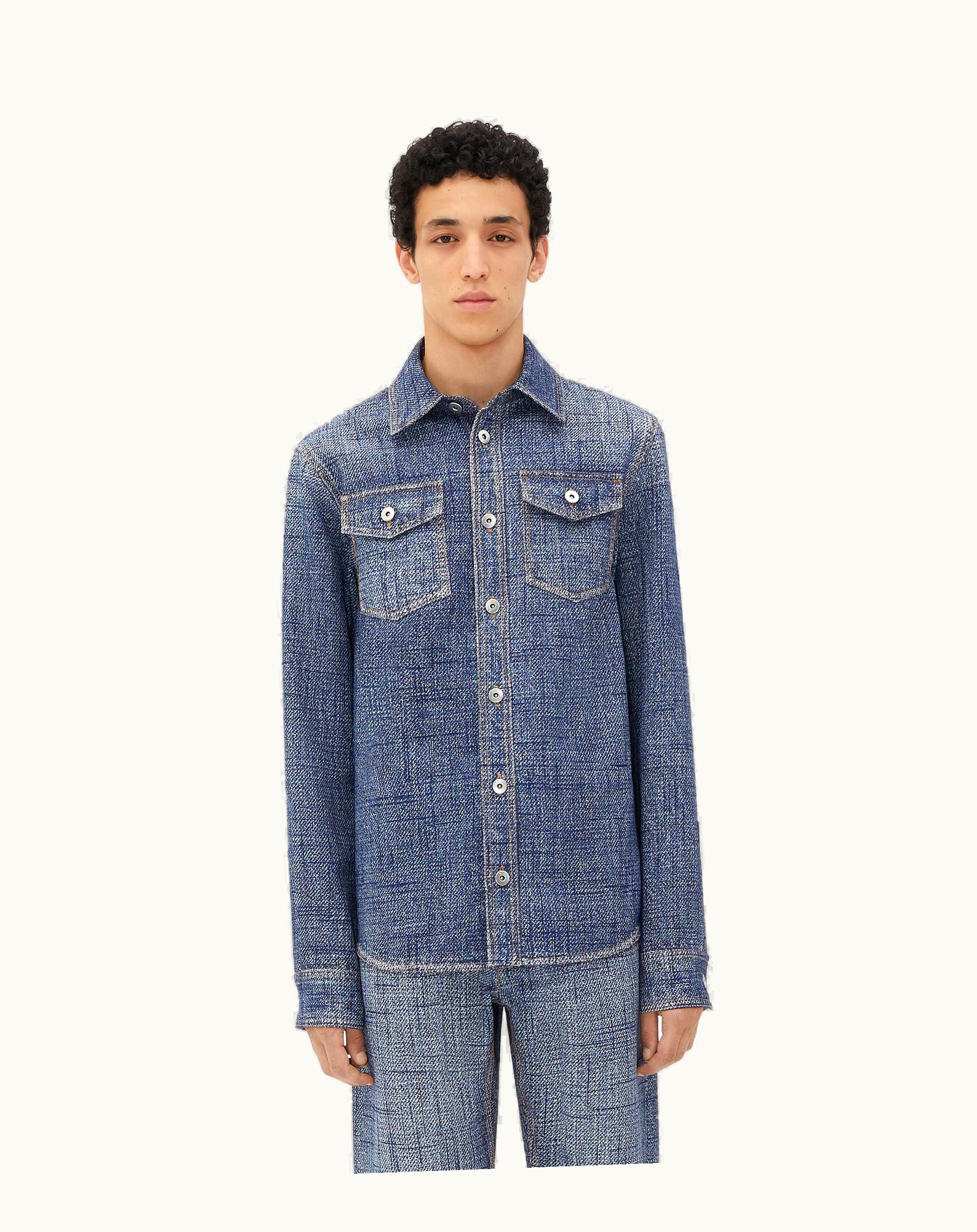 Bottega Veneta Bottega Veneta Men's Textured Denim Viscose Shirt In Indigo / White