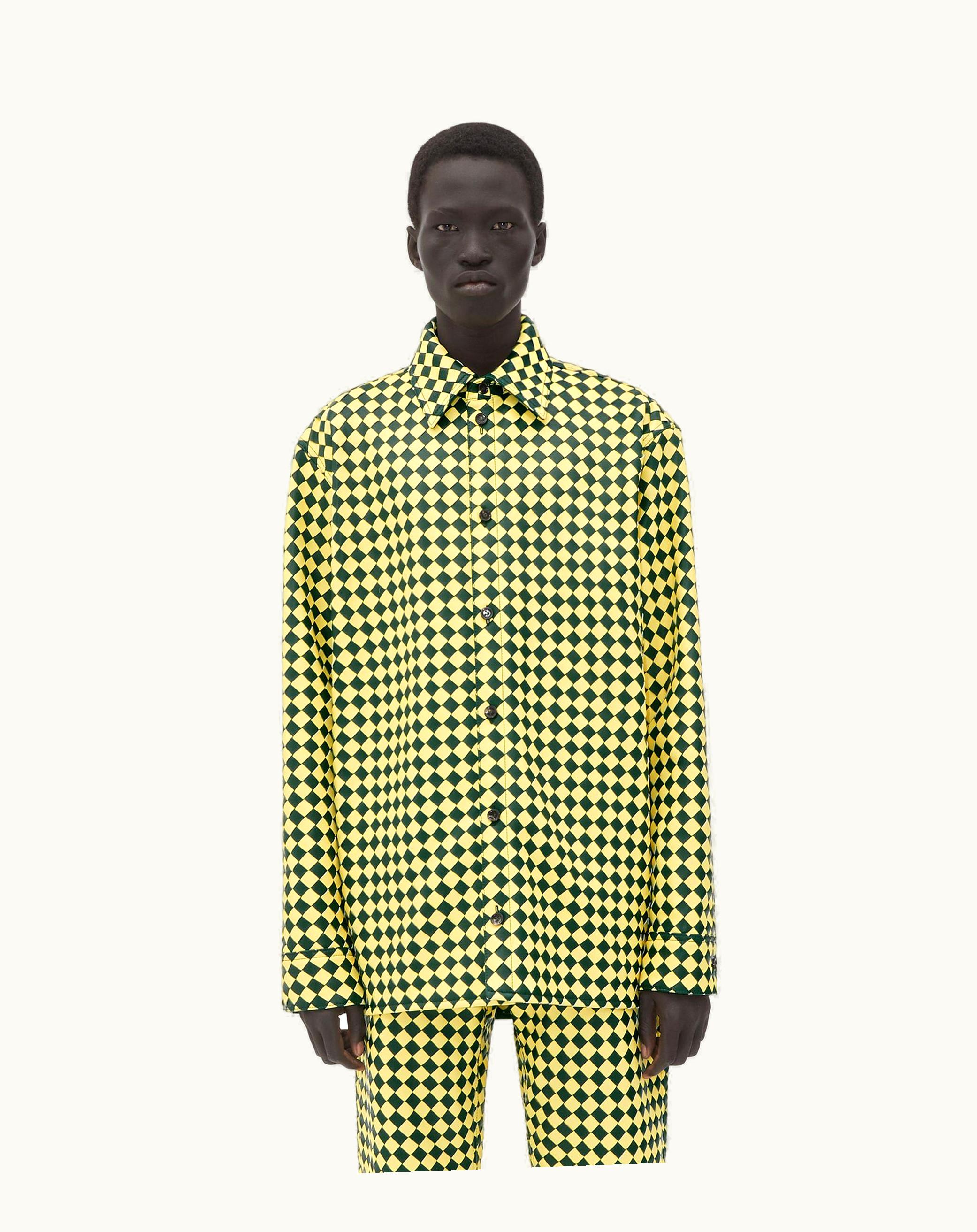 Bottega Veneta Bottega Veneta Men's Leather Bicolor Intrecciato Shirt In Emerald Green / Pineapple