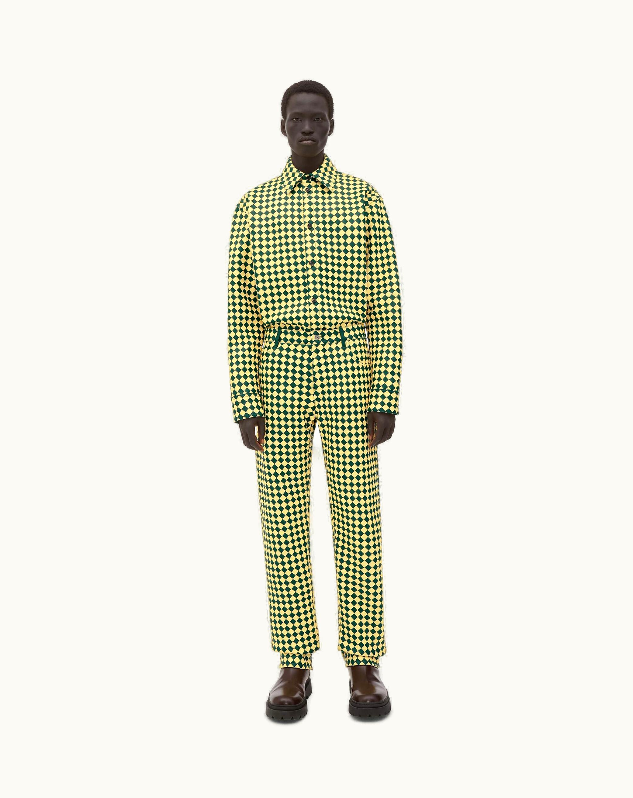 Bottega Veneta Bottega Veneta Men's Leather Bicolor Intrecciato Trousers In Emerald Green / Pineapple