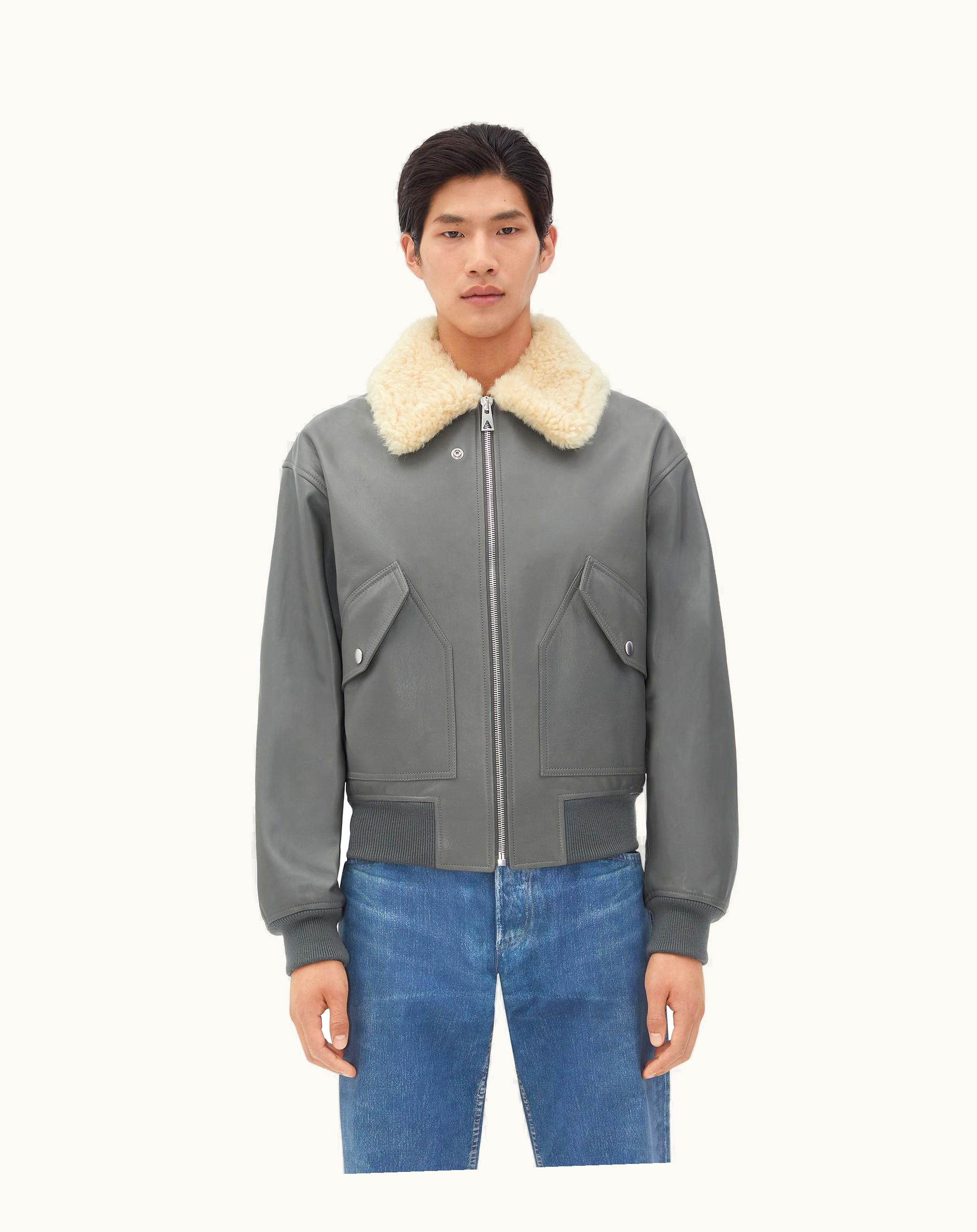 Bottega Veneta Bottega Veneta Men's Leather Jacket With Shearling Collar In Cement