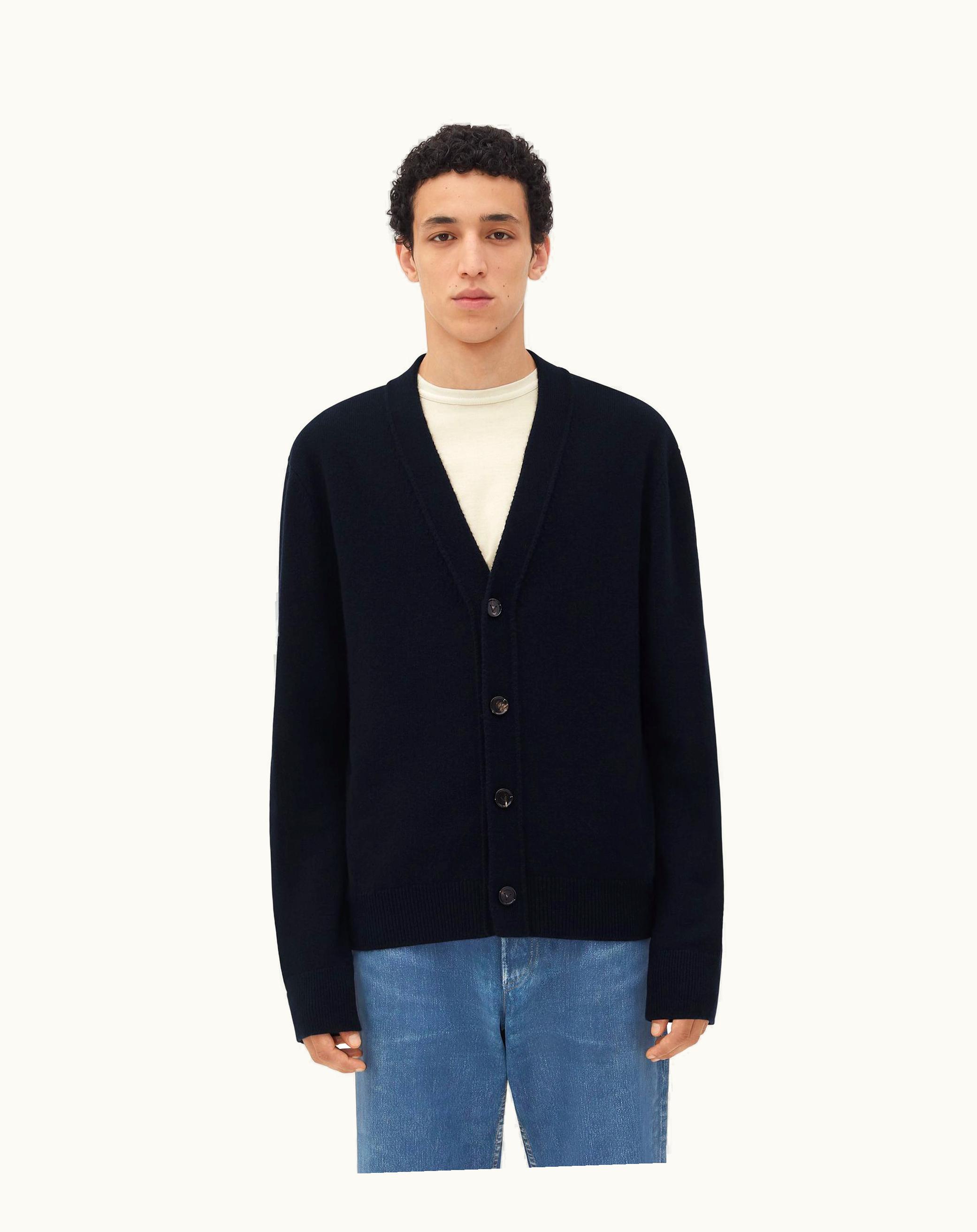 Bottega Veneta Bottega Veneta Men's Cashmere Cardigan With Intrecciato Leather Patches In Navy