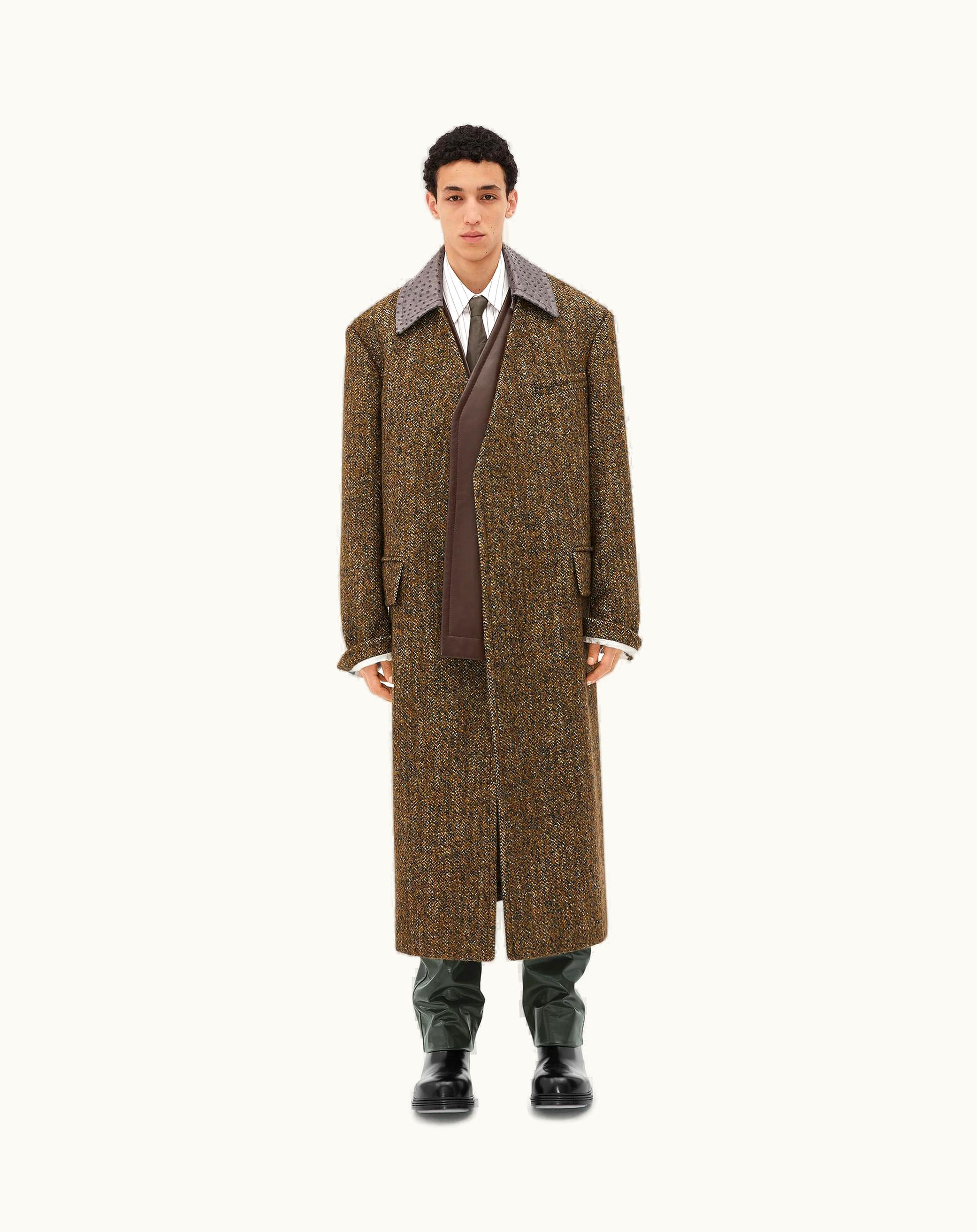 Bottega Veneta Bottega Veneta Men's Textured Wool Speckled Coat With Leather Collar In Ochre / Grey