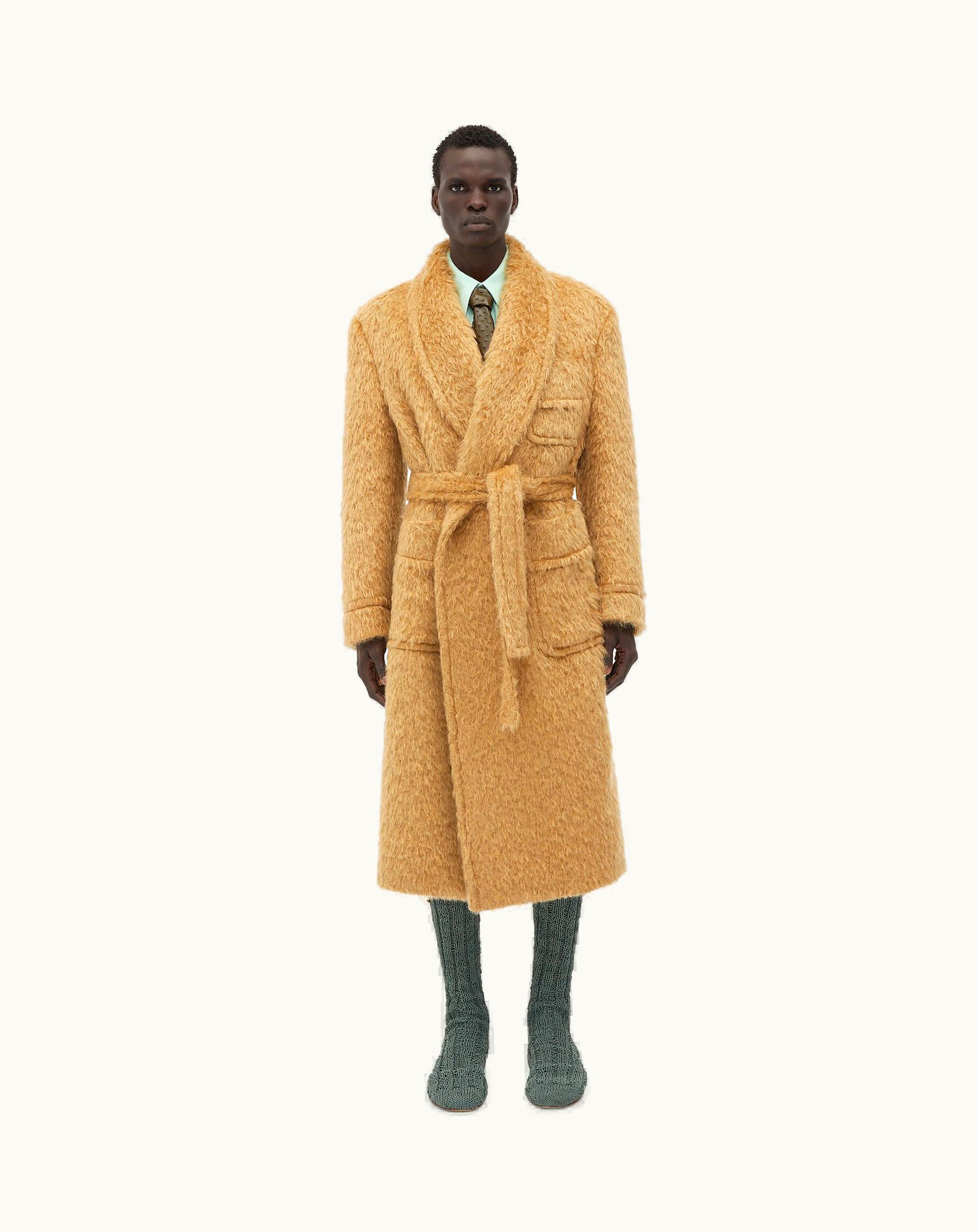 Bottega Veneta Bottega Veneta Men's Hairy Wool Mohair Belted Coat In Paper Bag