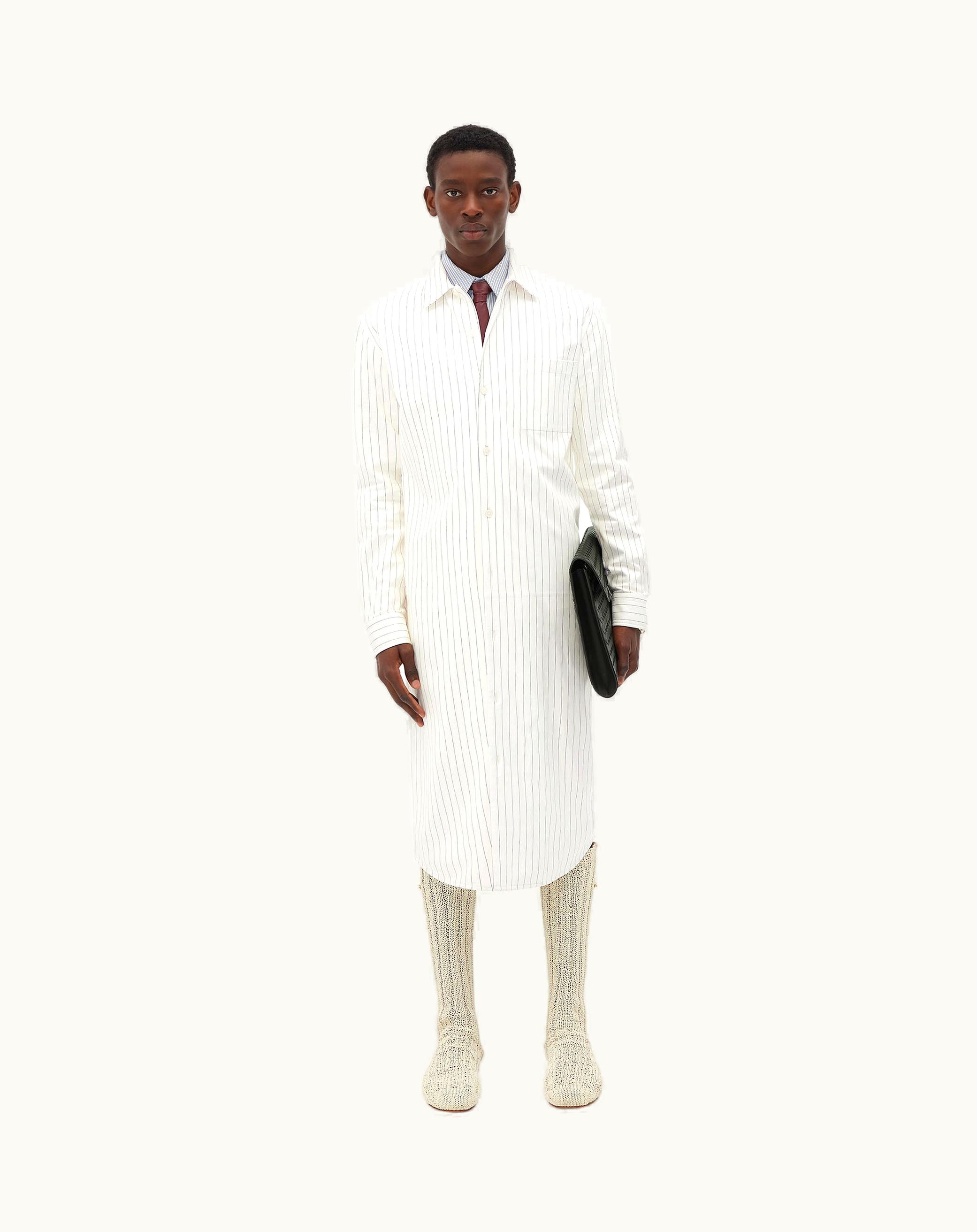 Bottega Veneta Bottega Veneta Men's Printed Leather Pinstripe Long Shirt In White / Black