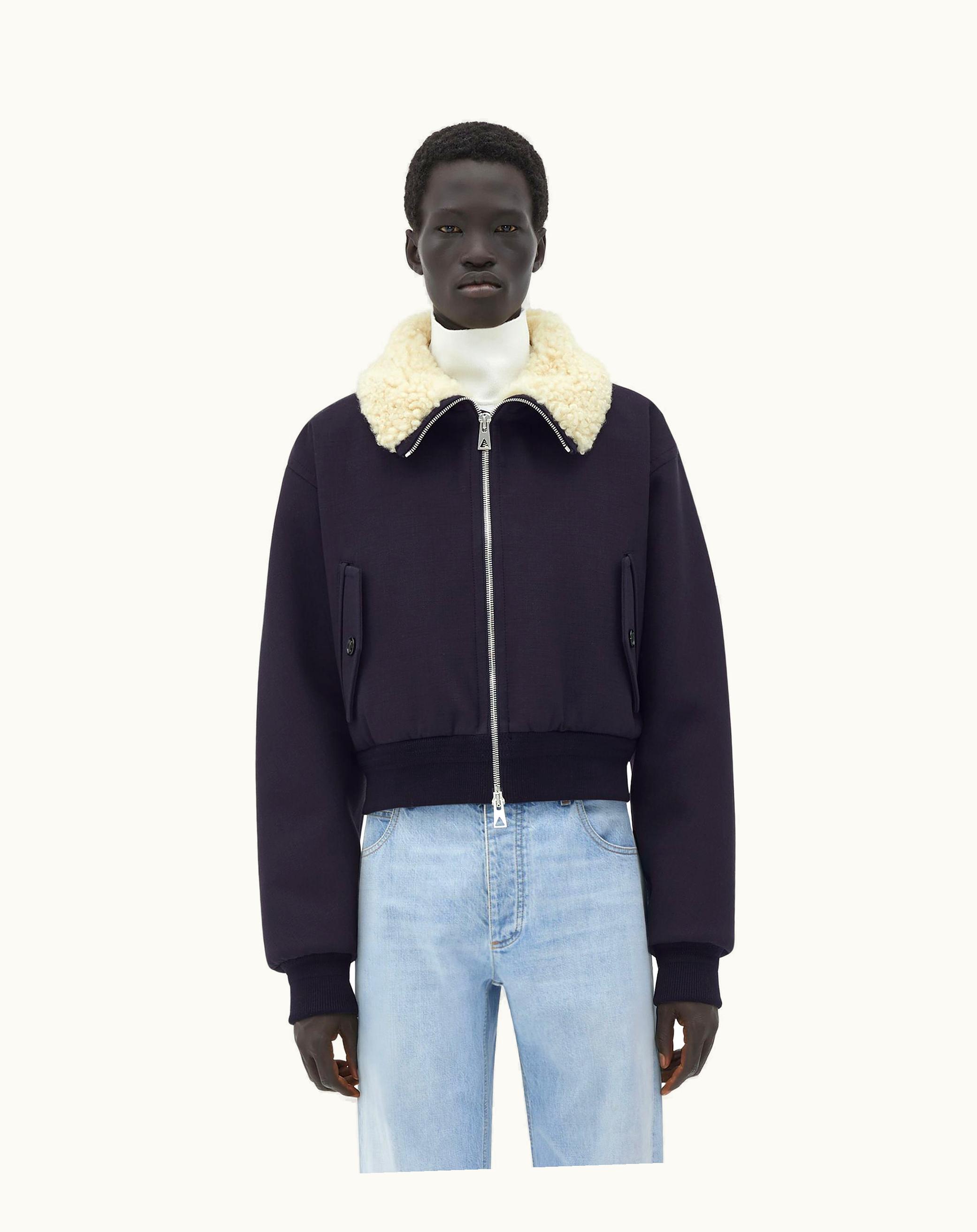 Bottega Veneta Bottega Veneta Men's Shearling Collar Cotton Blend Jacket In Blue / Black Melange