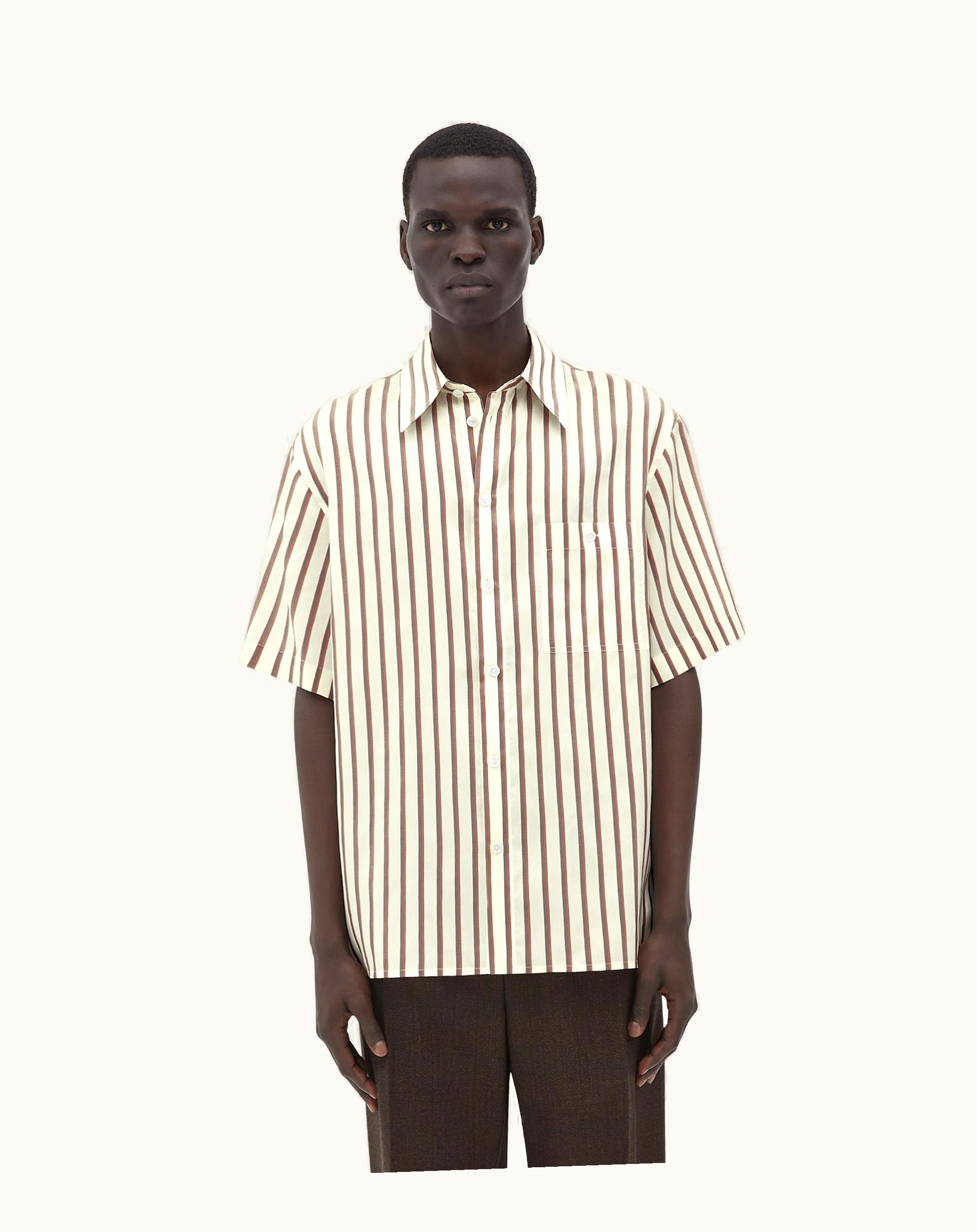 Bottega Veneta Bottega Veneta Men's Short-Sleeved Silk Bicolor Striped Shirt In White / Brown / Chestnut