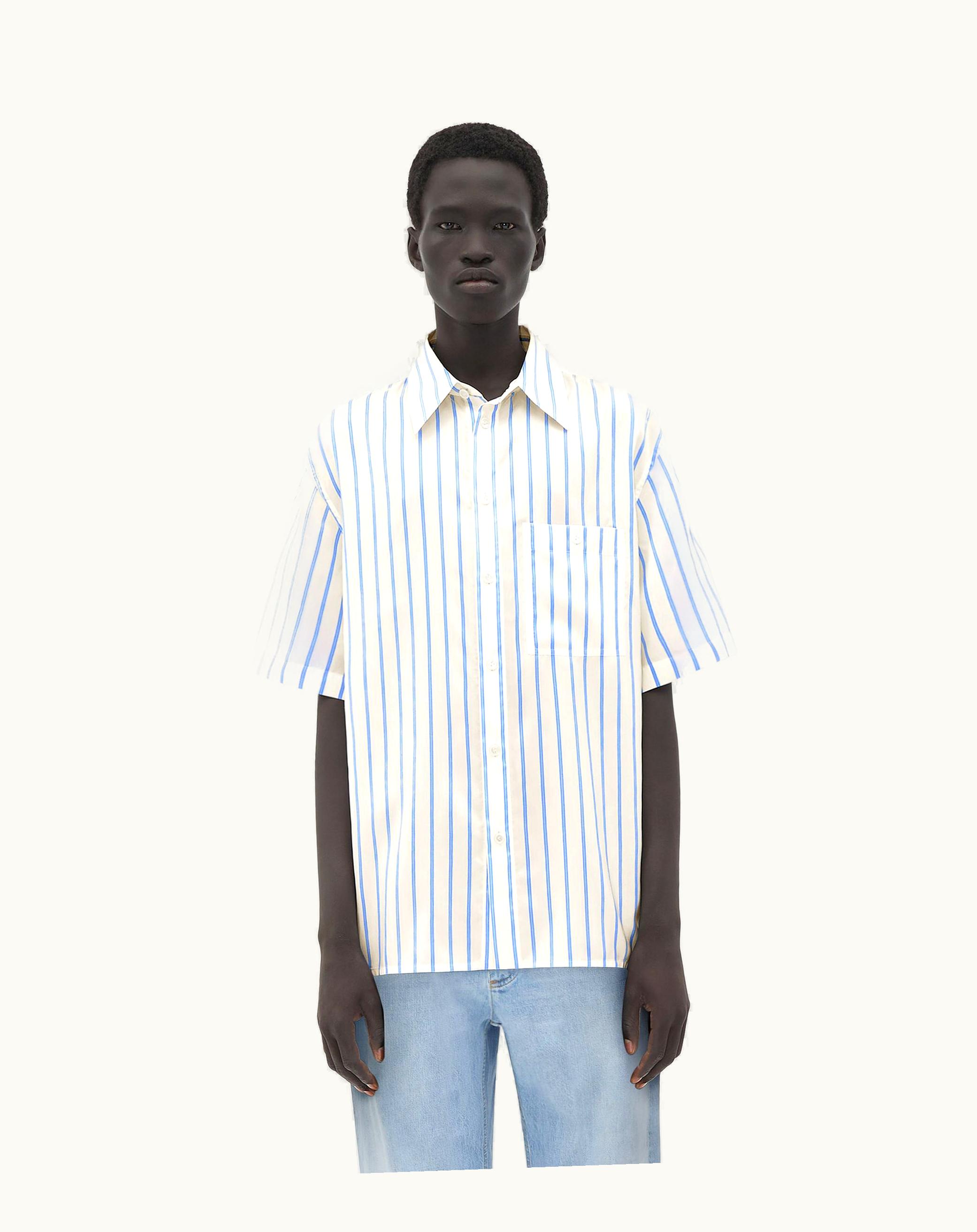 Bottega Veneta Bottega Veneta Men's Short-Sleeved Silk Striped Shirt In Off White / Pale Blue