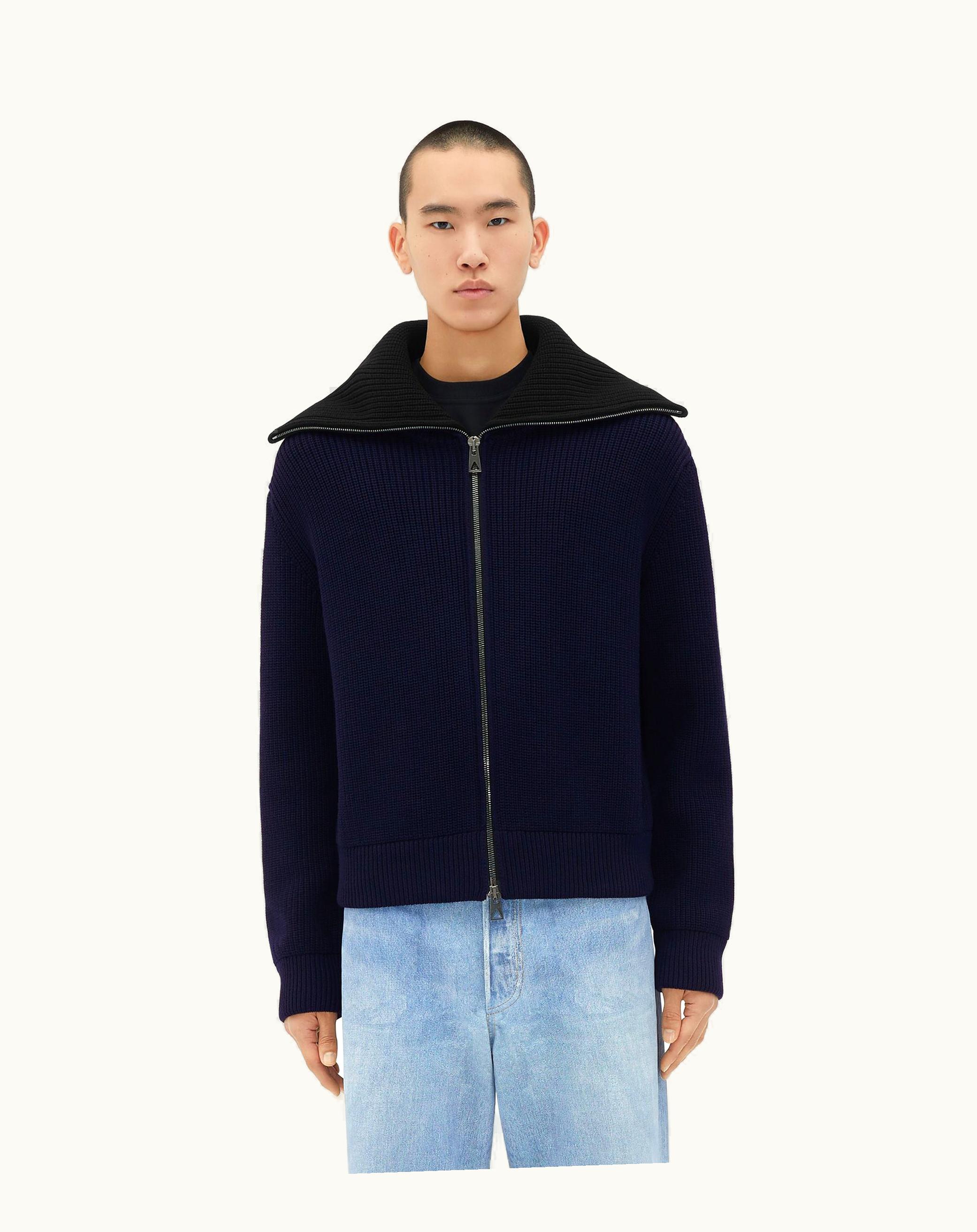 Bottega Veneta Bottega Veneta Men's Heavy Wool Ribbed Cardigan In Navy / Black