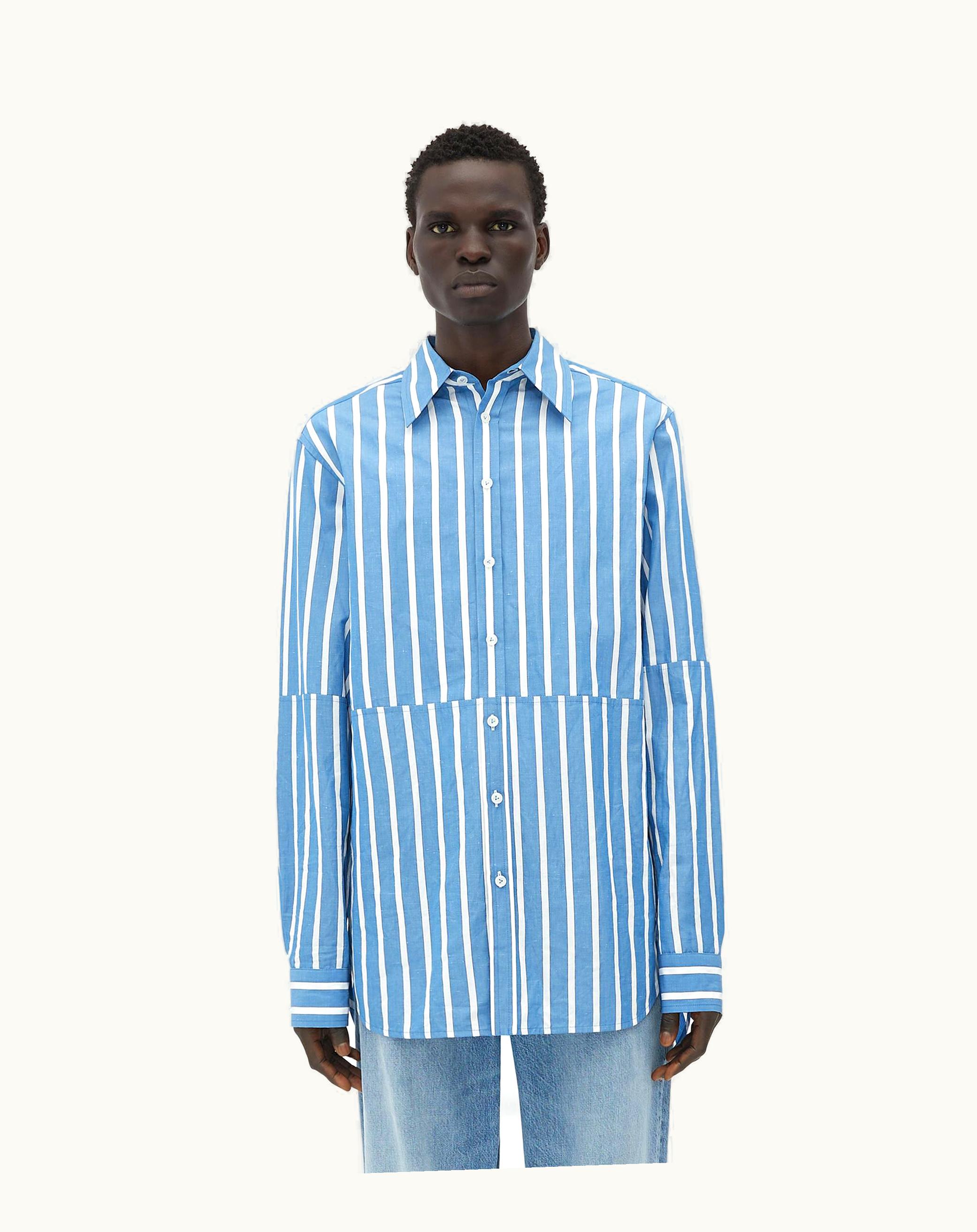 Bottega Veneta Bottega Veneta Men's Cotton And Linen Relaxed Striped Shirt In Surf / Navy