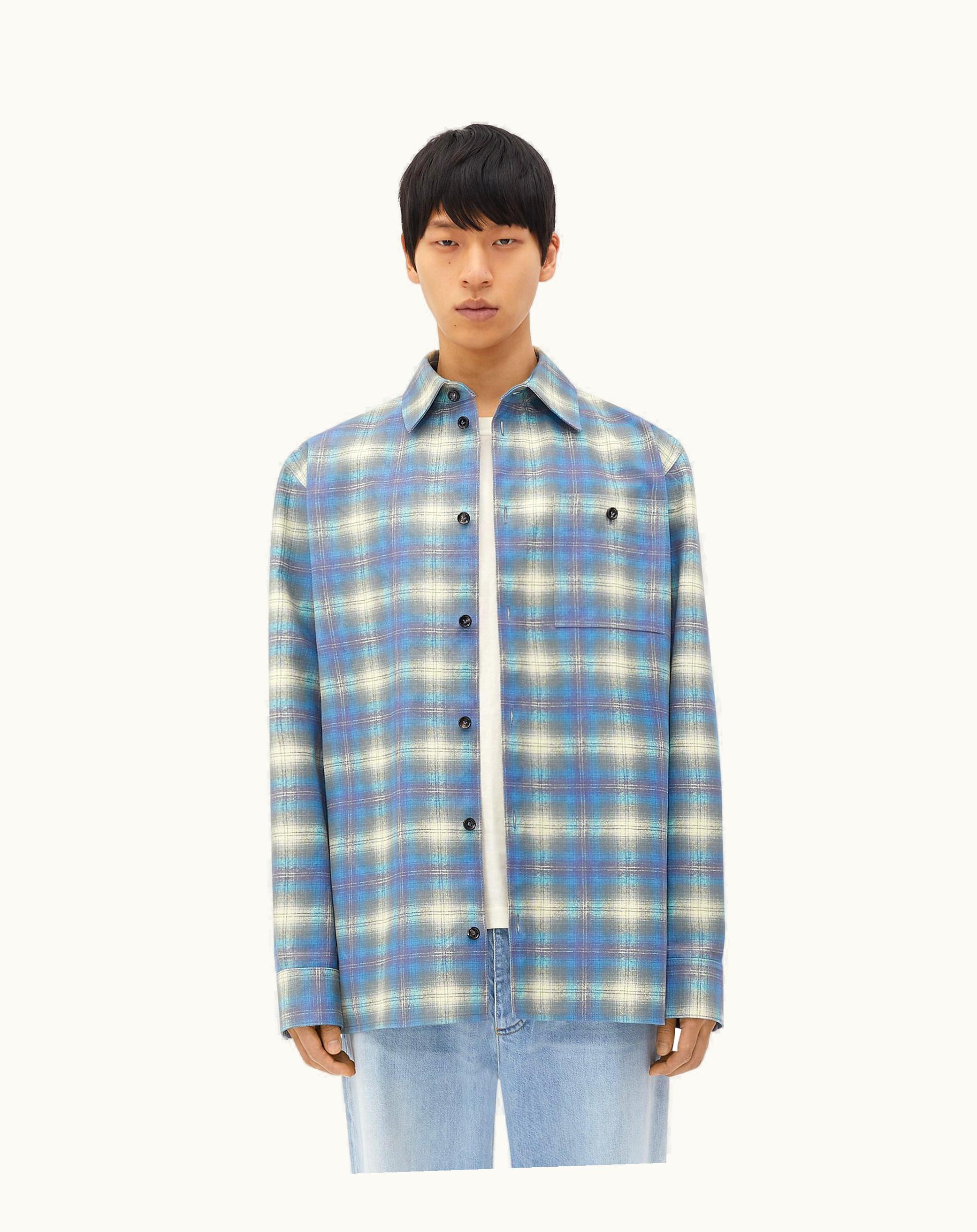 Bottega Veneta Bottega Veneta Men's Relaxed Fit Flannel-Printed Leather Shirt In Multi / Light Blue