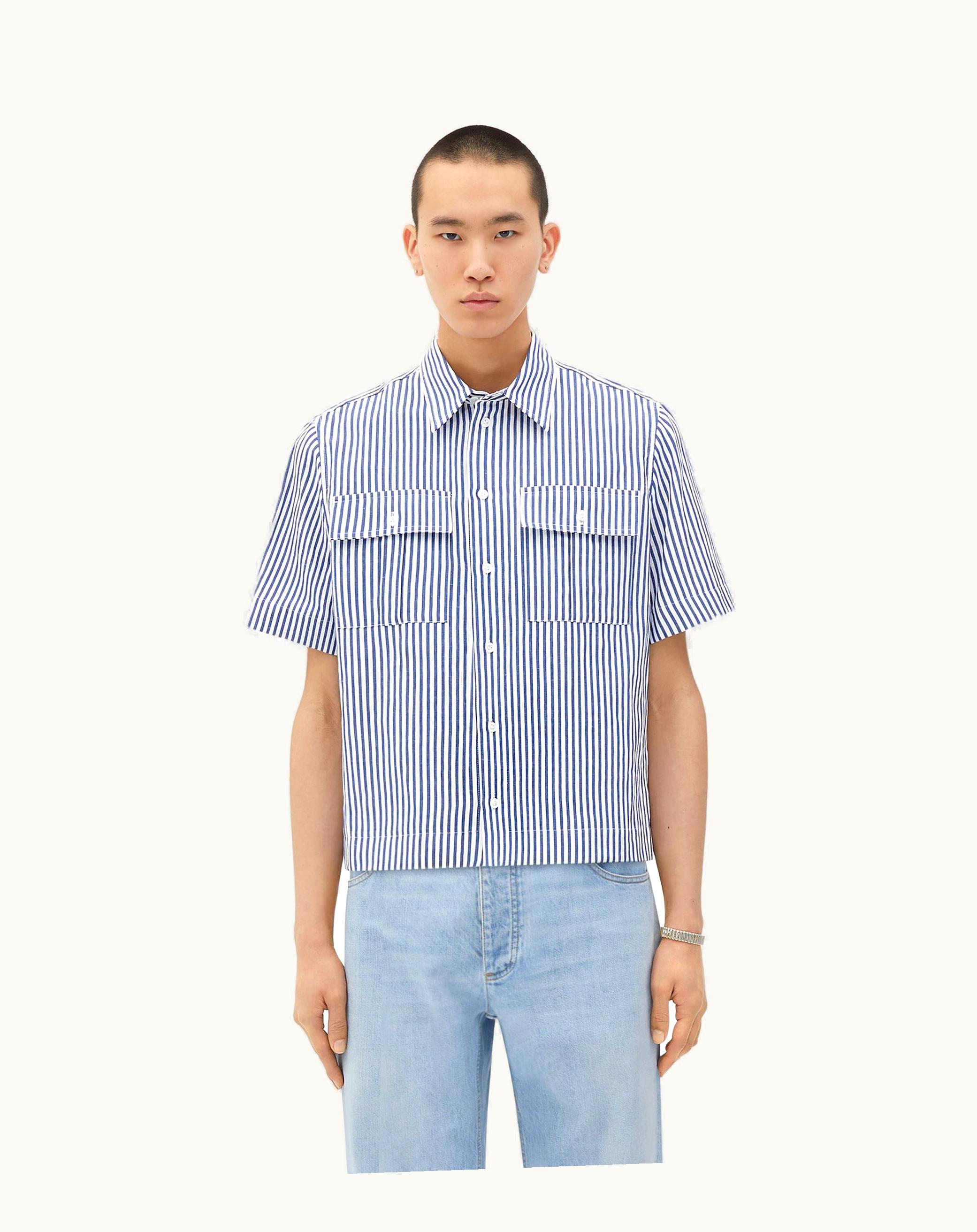 Bottega Veneta Bottega Veneta Men's Short-Sleeved Cotton Linen Shirt In Blue / White