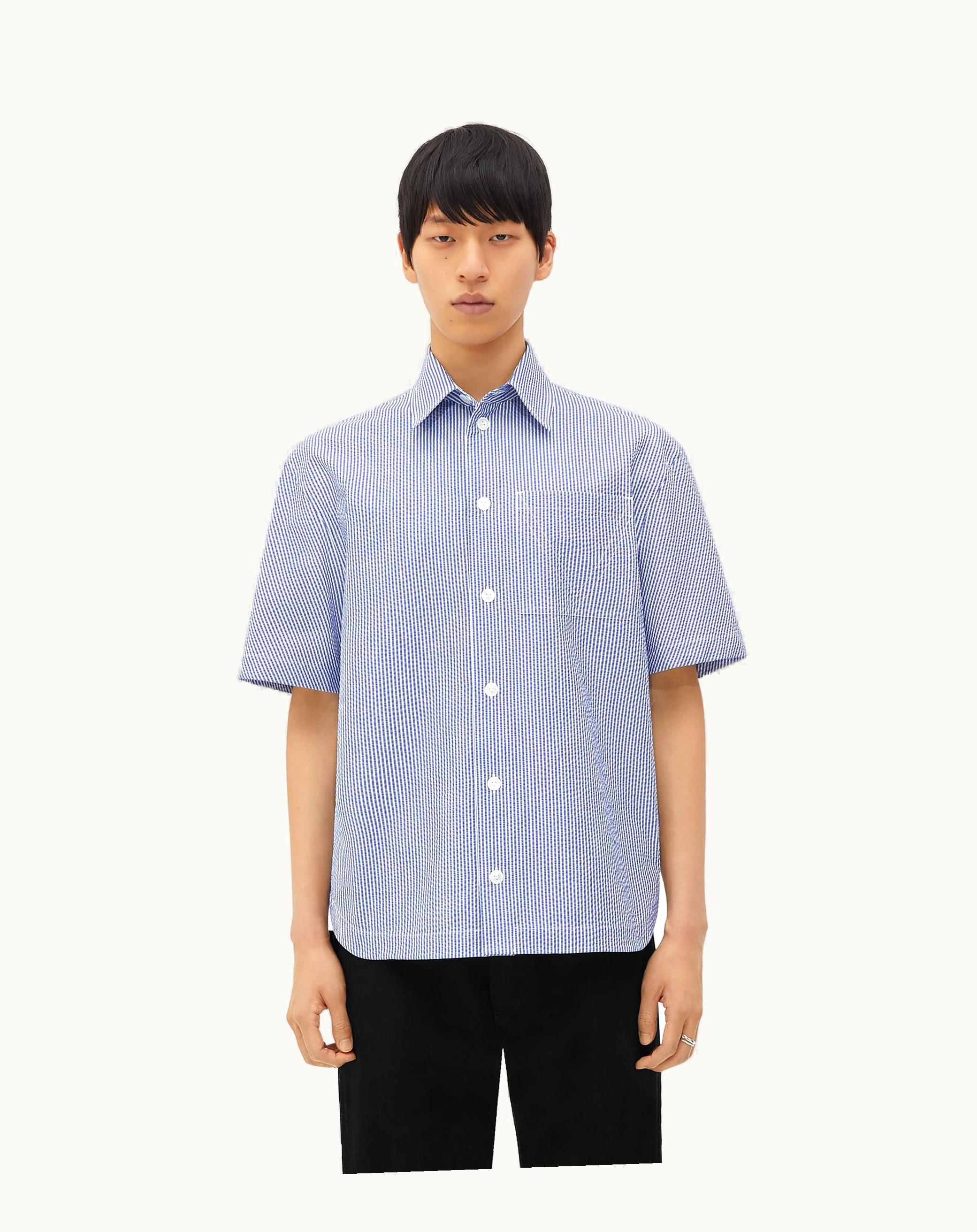 Bottega Veneta Bottega Veneta Men's Relaxed Fit Short-Sleeved Nylon Shirt In Blue / White