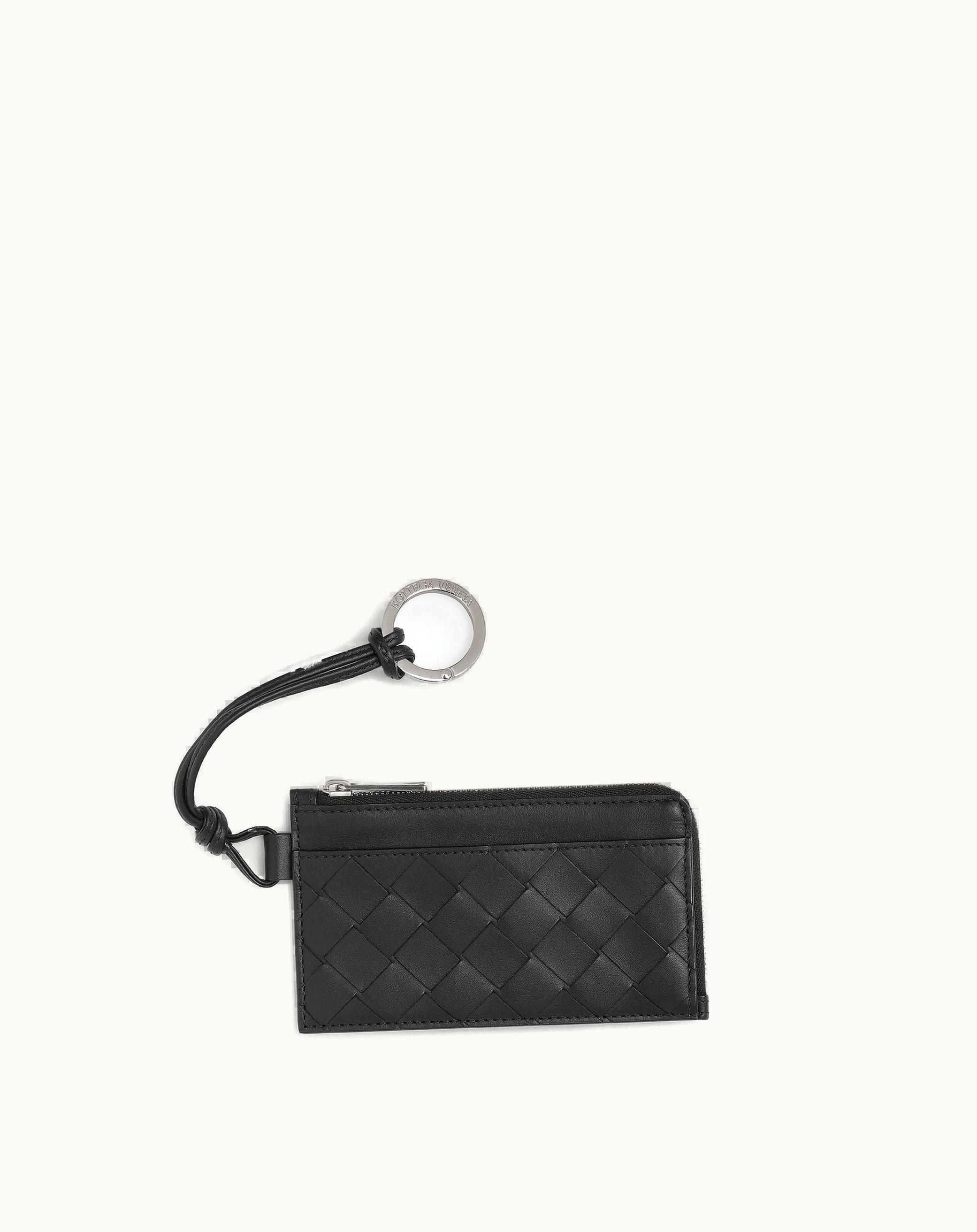 Bottega Veneta Bottega Veneta Men's Intrecciato L-Zippered Card Holder On Strap In Black