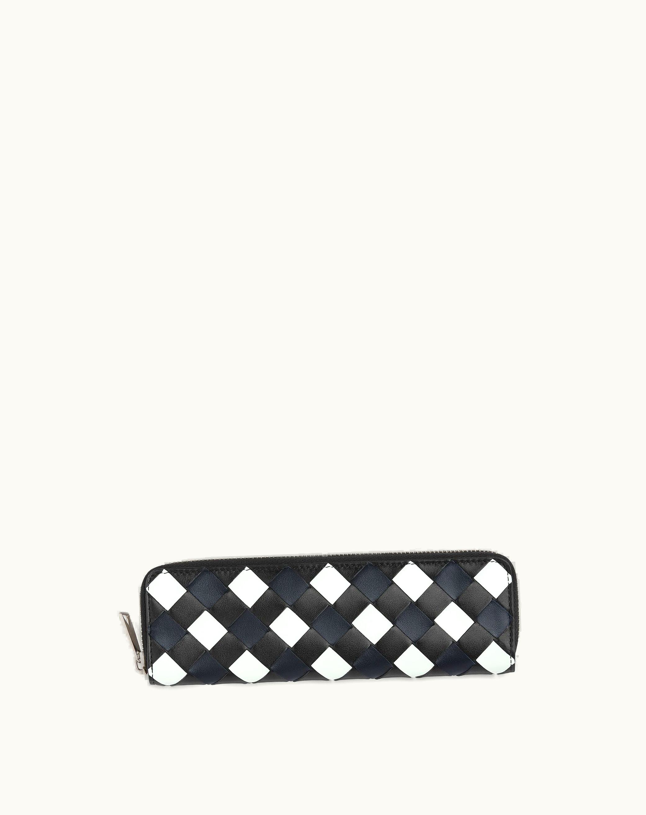 Bottega Veneta Bottega Veneta Intrecciato Check Tricolor Leather Pencil Case In Black / Space / Glacier