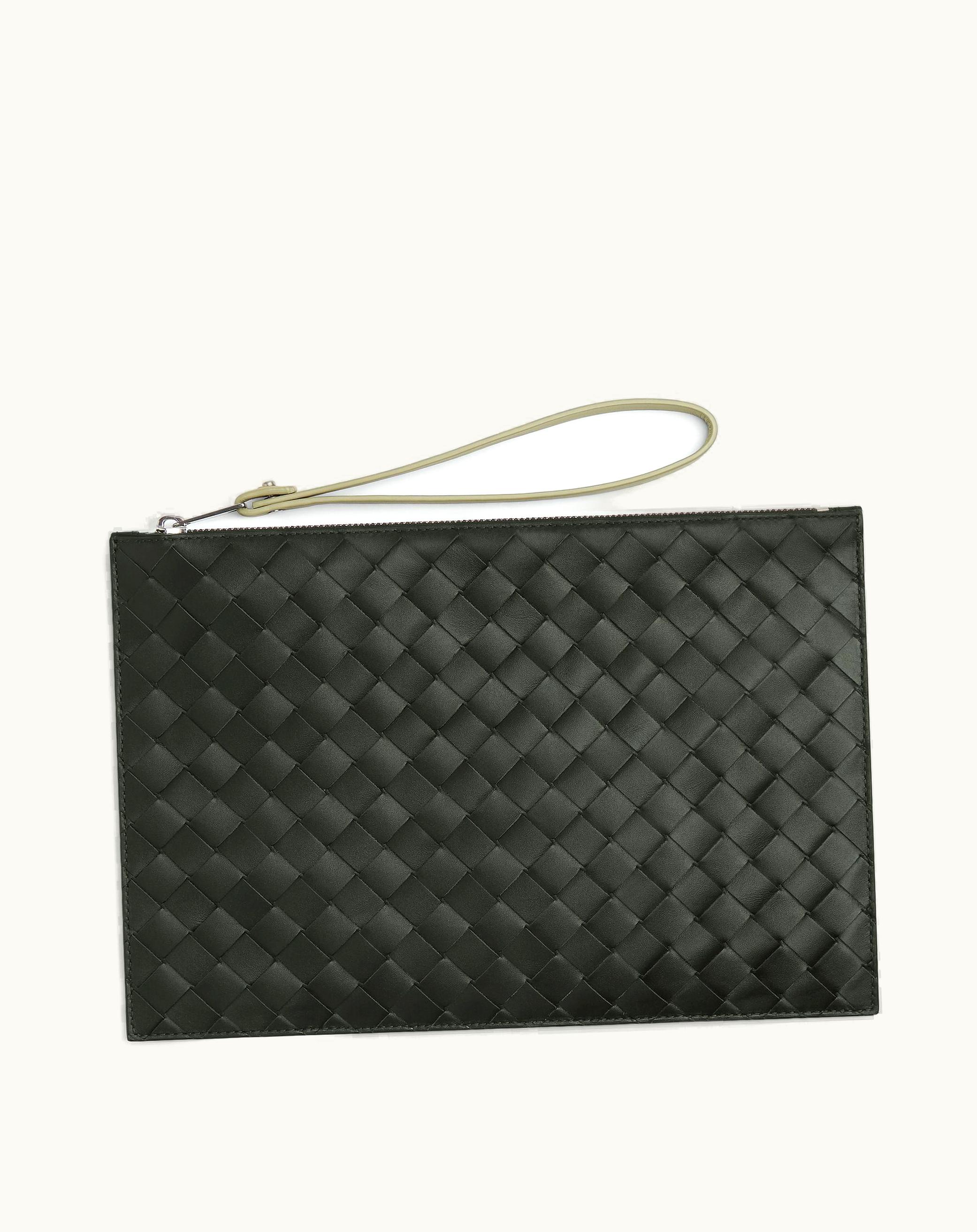 Bottega Veneta Bottega Veneta Men's Medium Intrecciato Pouch In Dark Green / Travertine