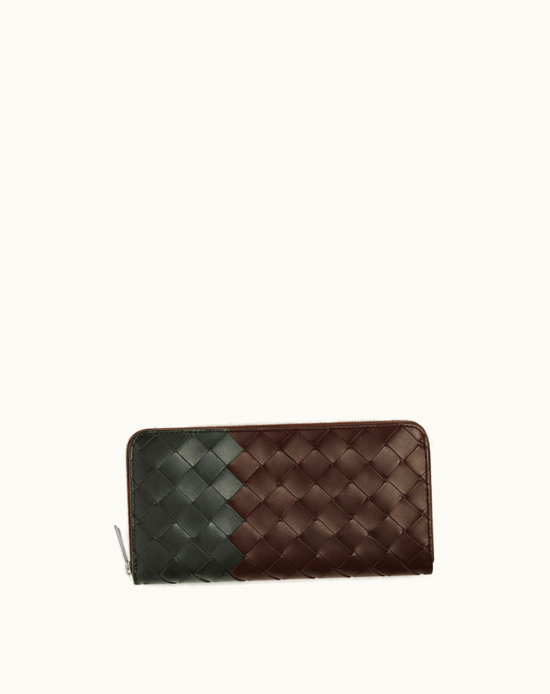 Bottega Veneta Bottega Veneta Men's Intrecciato Zip Around Wallet In Light Brown / Dark Green