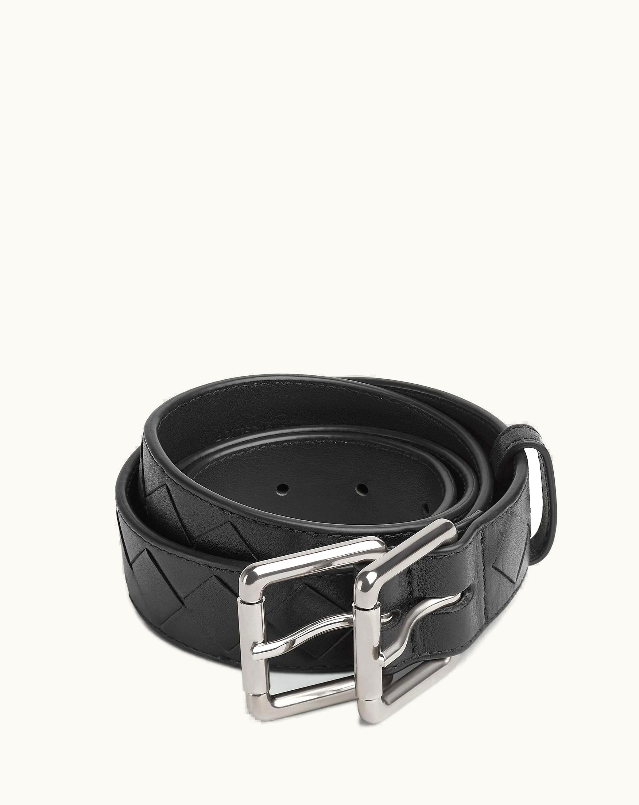 Bottega Veneta Bottega Veneta Men's Intrecciato Double Buckle Belt In Black