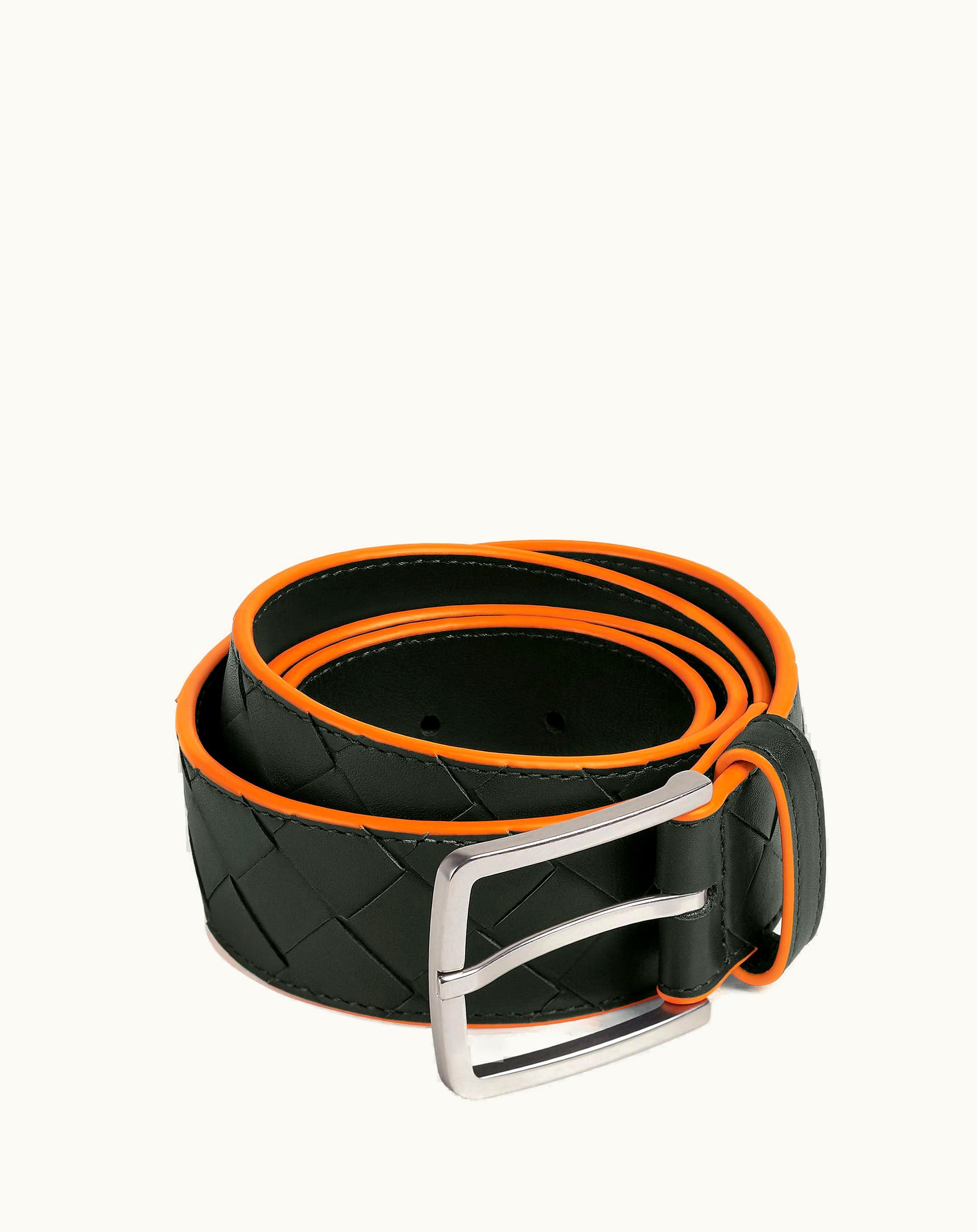 Bottega Veneta Bottega Veneta Men's Intrecciato Belt In Dark Green / Papaya