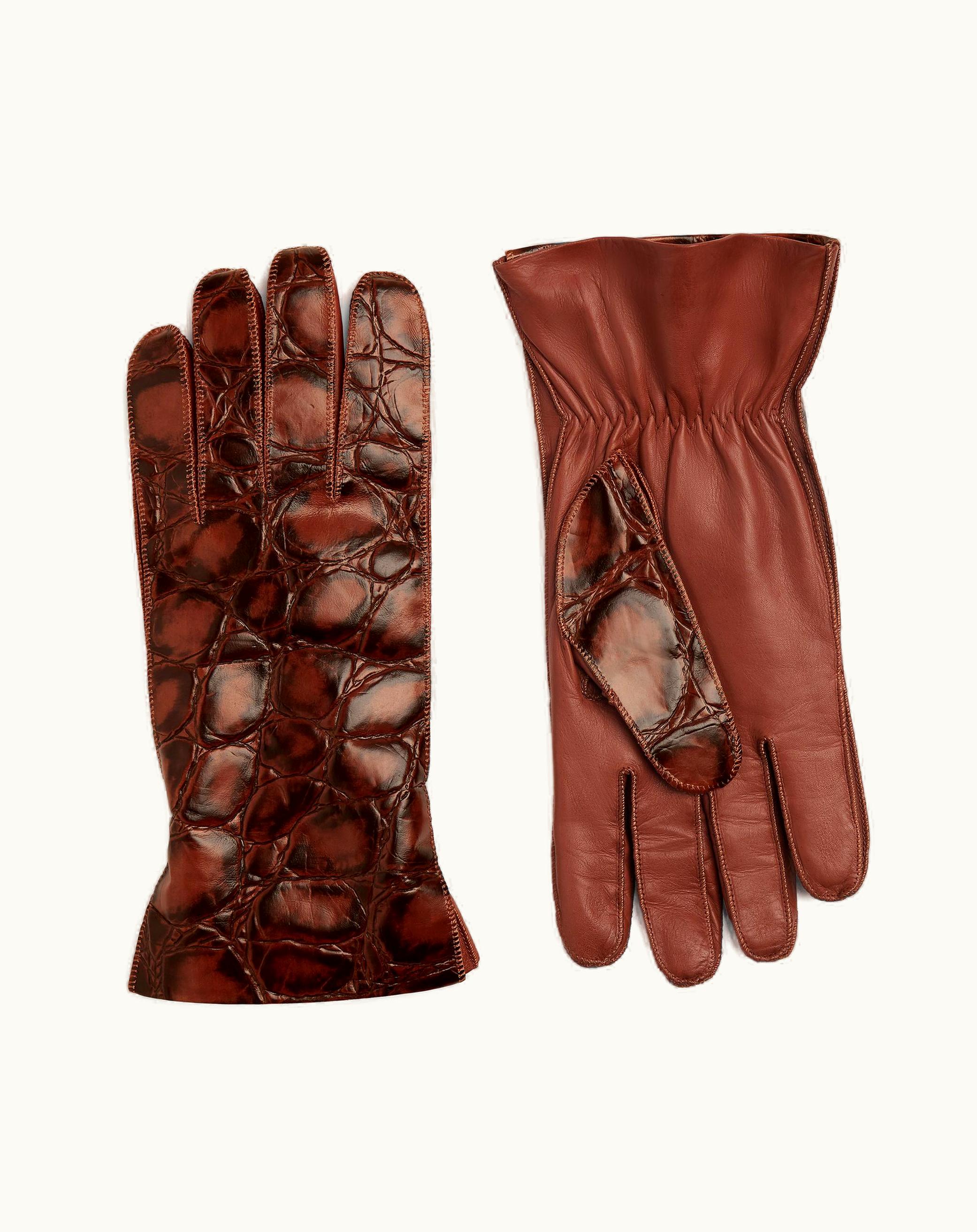 Bottega Veneta Men's Crocodile-Effect Leather Gloves In Barrel