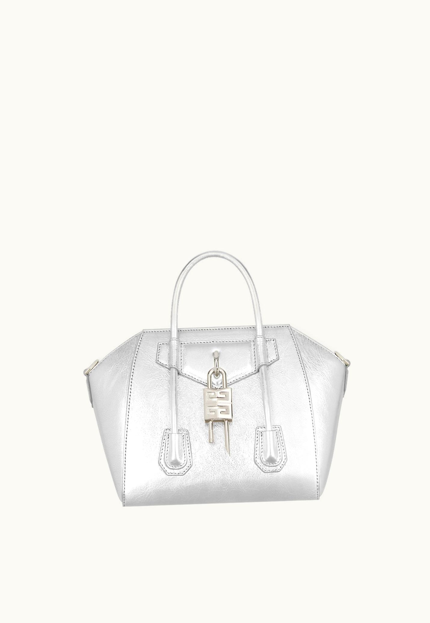 Givenchy Givenchy Mini Antigona Lock Bag In Metallized Leather - Silvery Grey