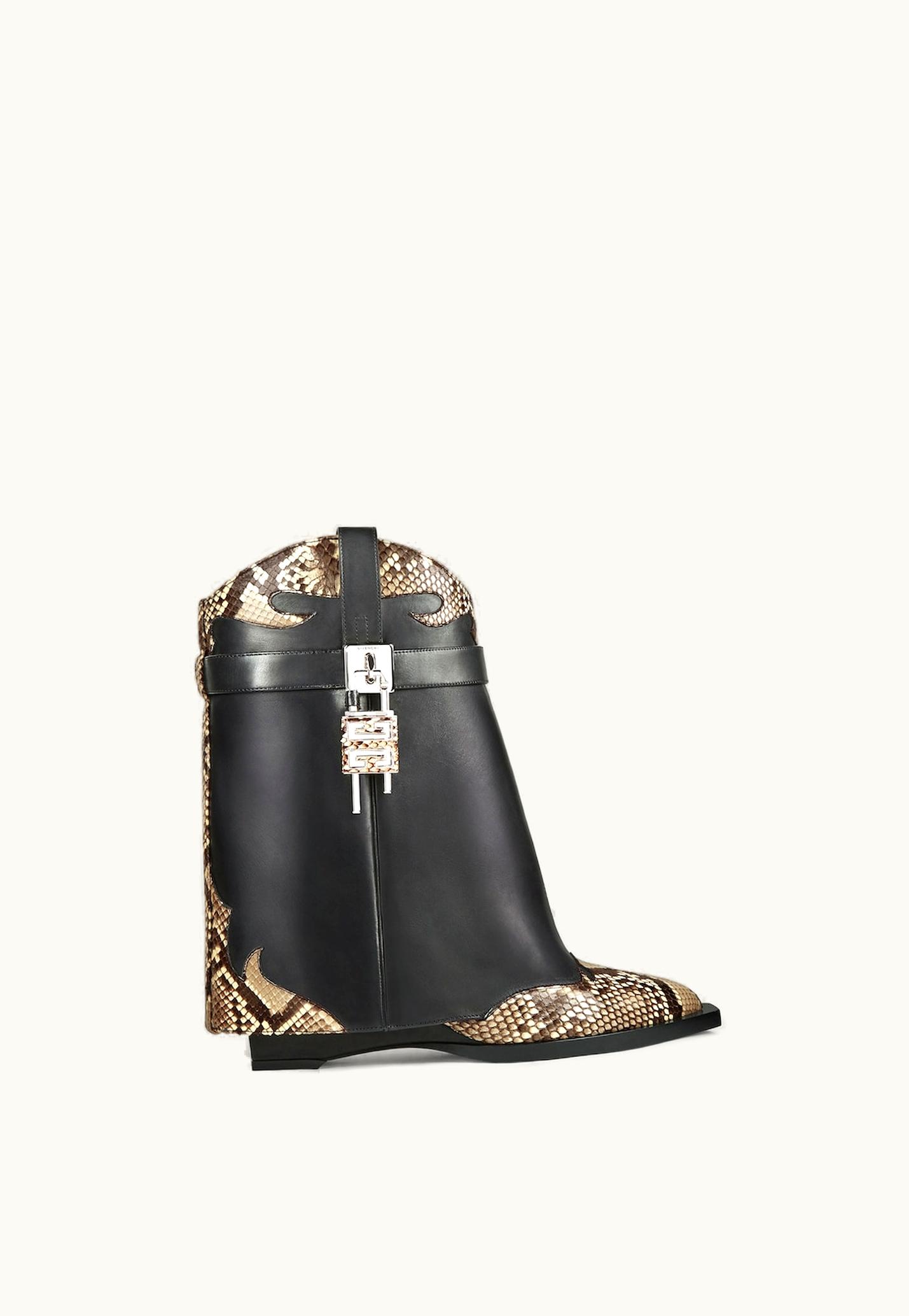 Givenchy Givenchy Shark Lock Cowboy Ankle Boots In Leather And Python - Black / Beige