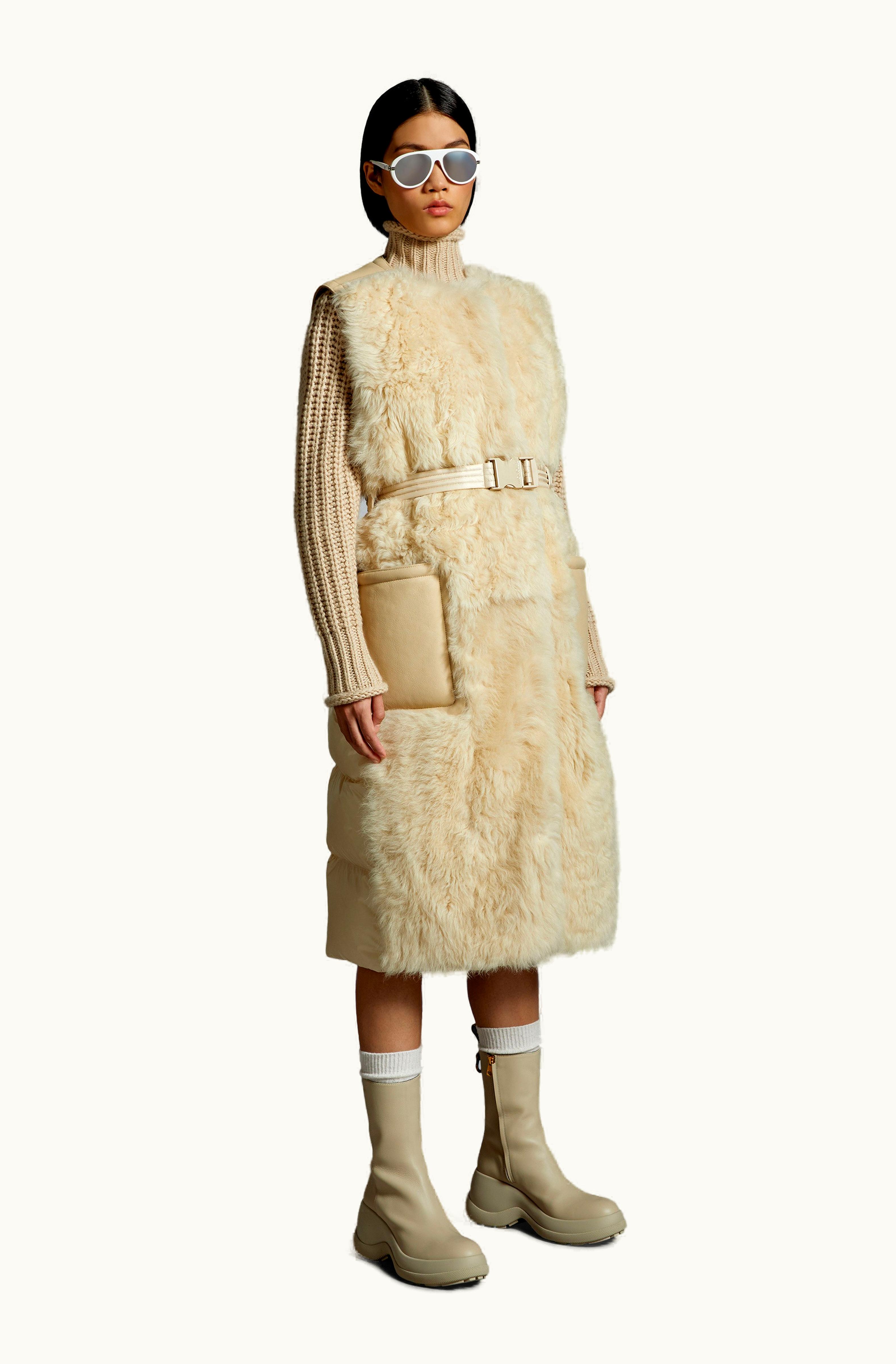 Moncler Moncler Coucou Shearling Long Down Gilet Beige