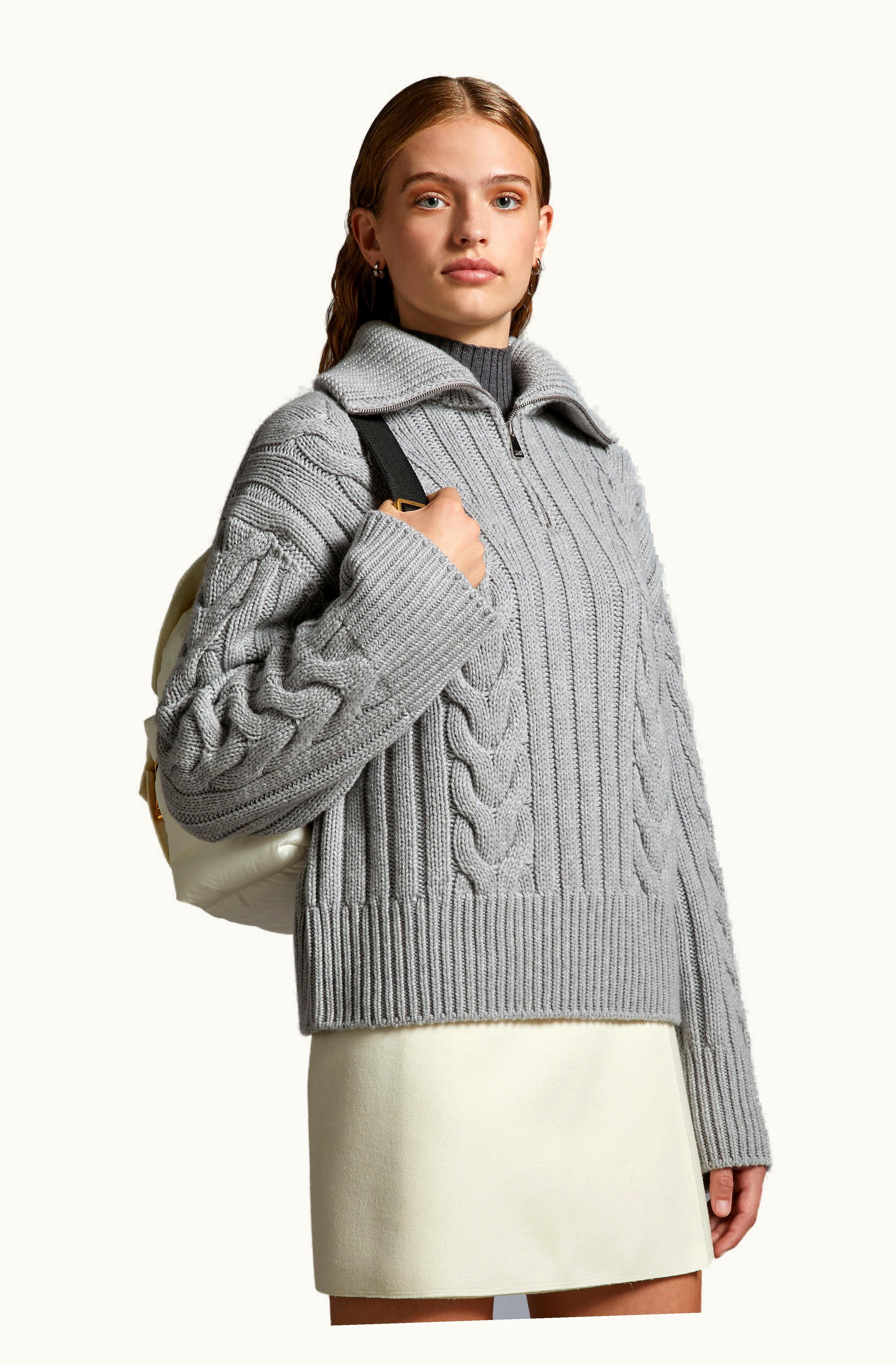 Moncler Moncler Cable Knit Cashmere Polo Neck Jumper Gray