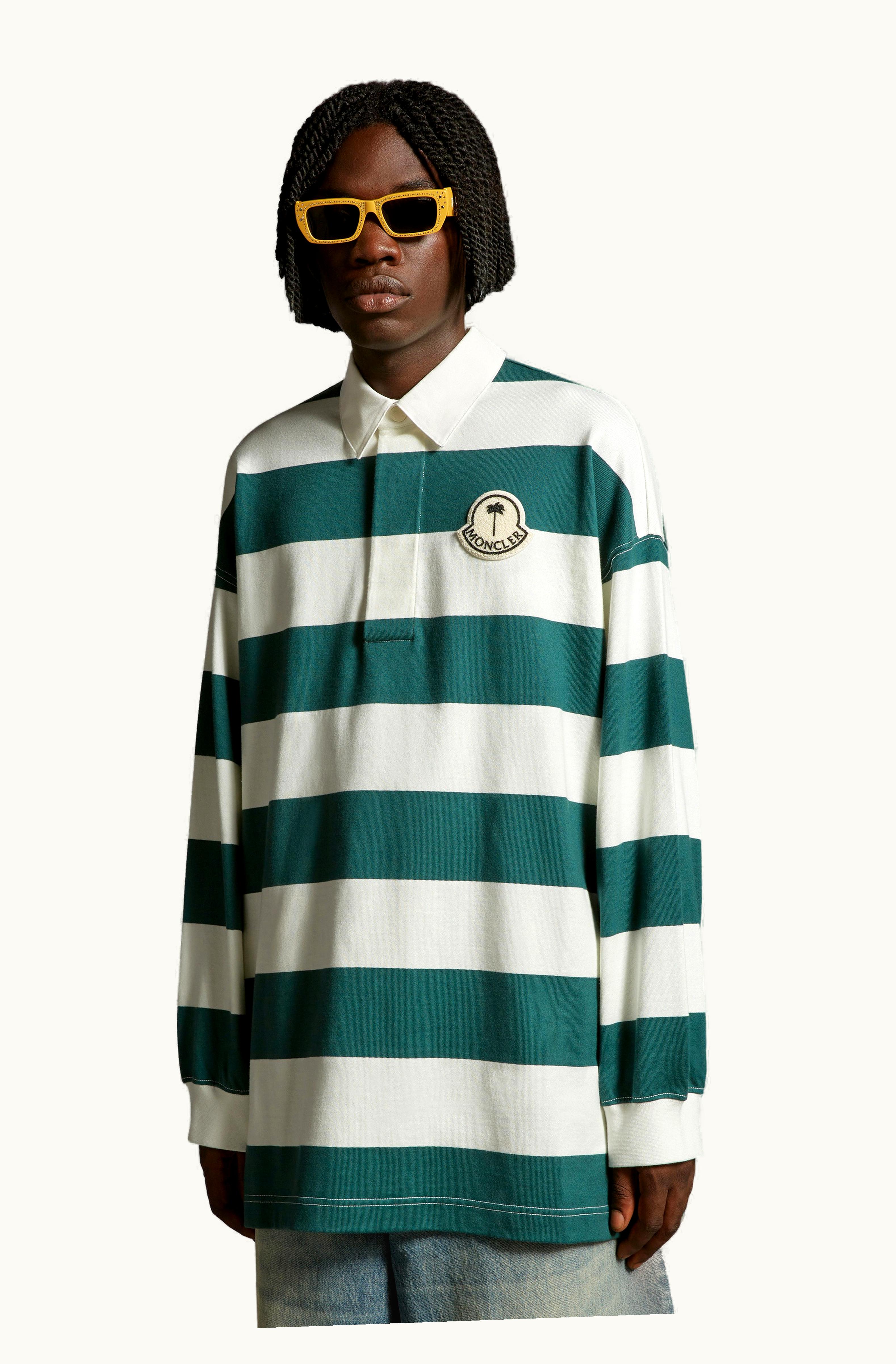 Moncler Moncler Striped Long Sleeve Polo Shirt White & Green