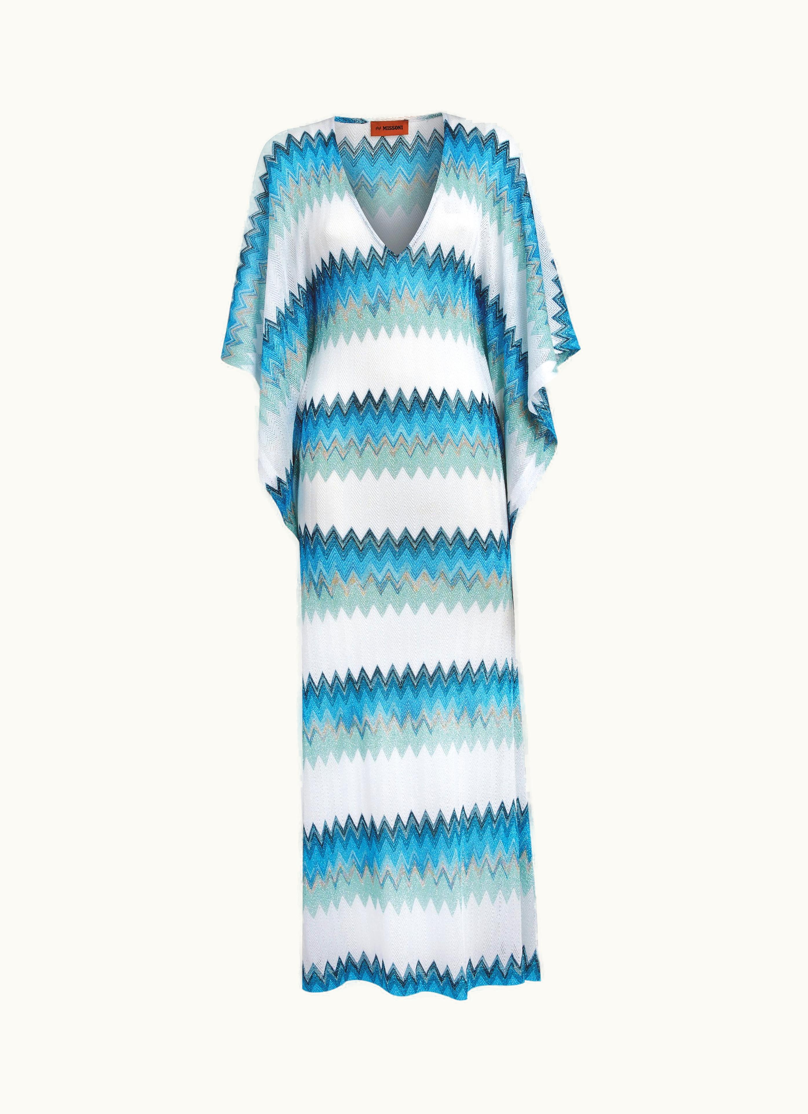Missoni Missoni Long Viscose Kaftan Cover Up With Zigzag And Lamé White, Yellow & Ochre
