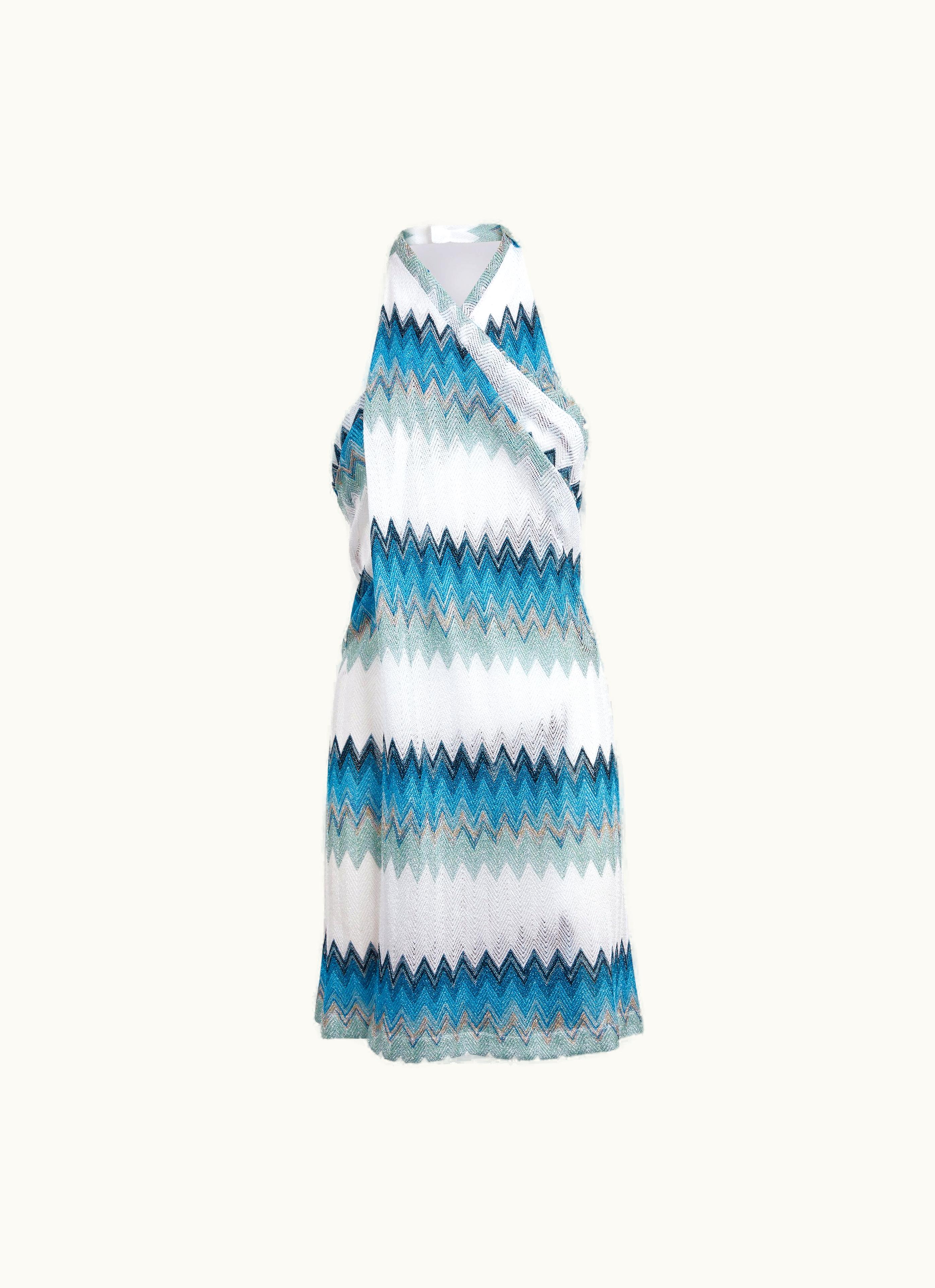 Missoni Missoni Sarong Piece Cover Up Dress With Lamé Zigzag White, Blue & Sky Blue