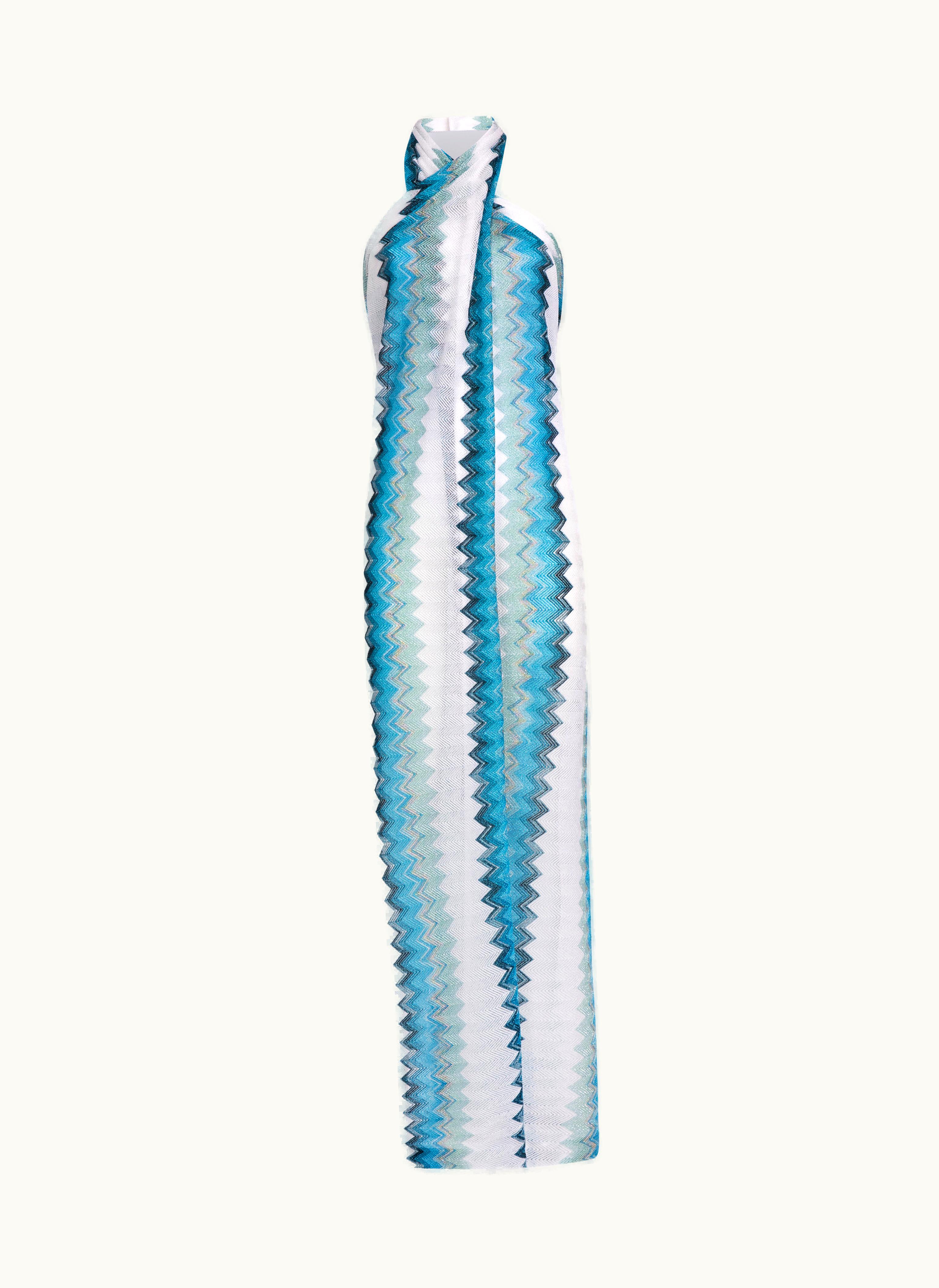 Missoni Missoni Long Sarong Piece Cover Up Dress With Lamé Zigzag White, Blue & Sky Blue