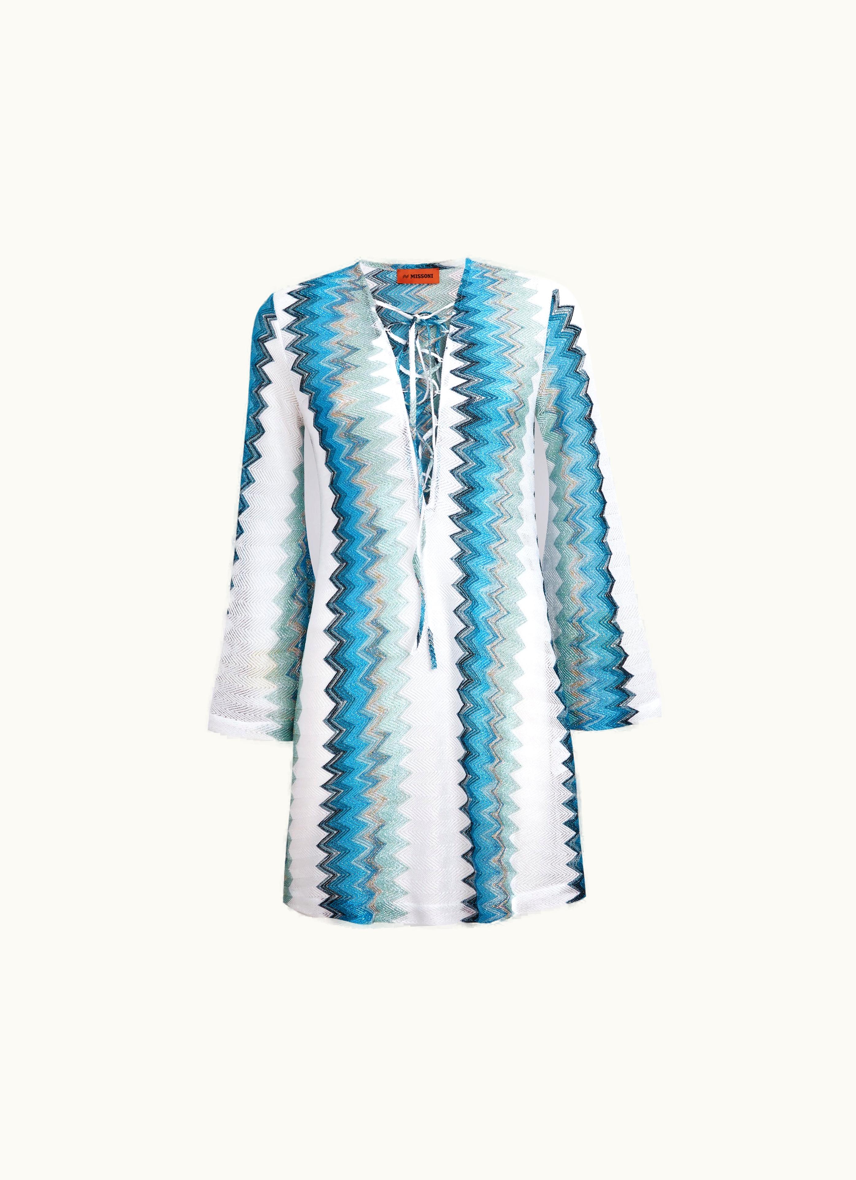 Missoni Missoni Long-sleeved Kaftan In Viscose Blend With Zigzag Lamé White, Blue & Sky Blue