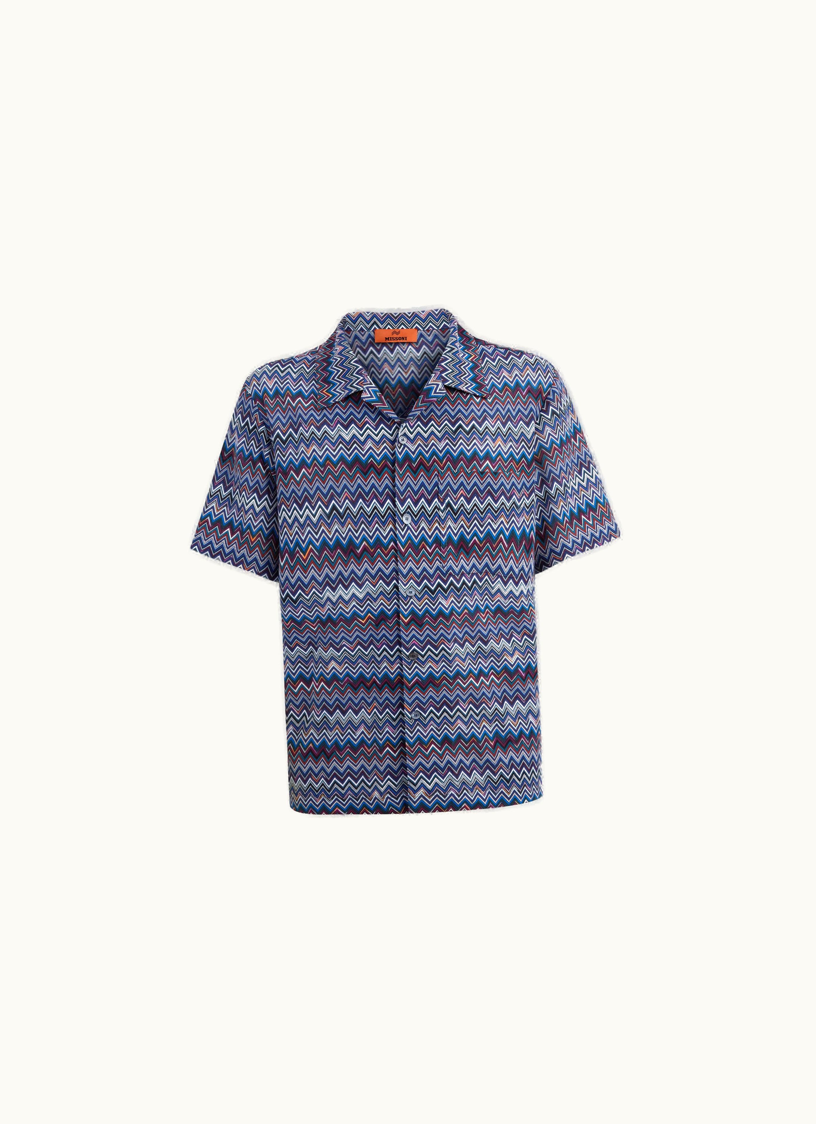 Missoni Missoni Short-sleeved Bowling Shirt In Zigzag Cotton And Viscose Navy Blue