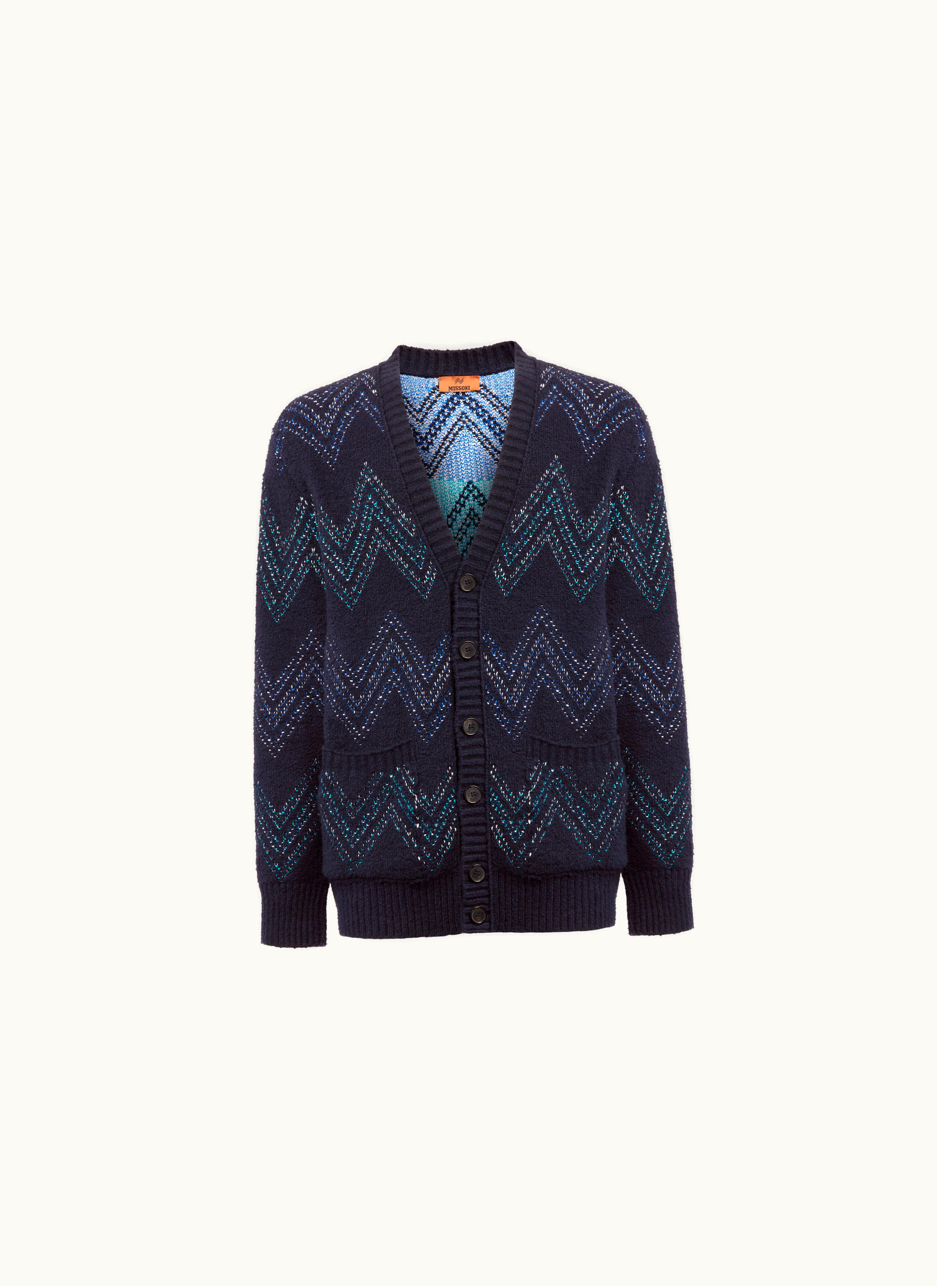 Missoni Missoni Zigzag Cotton Blend V-neck Cardigan Navy Blue